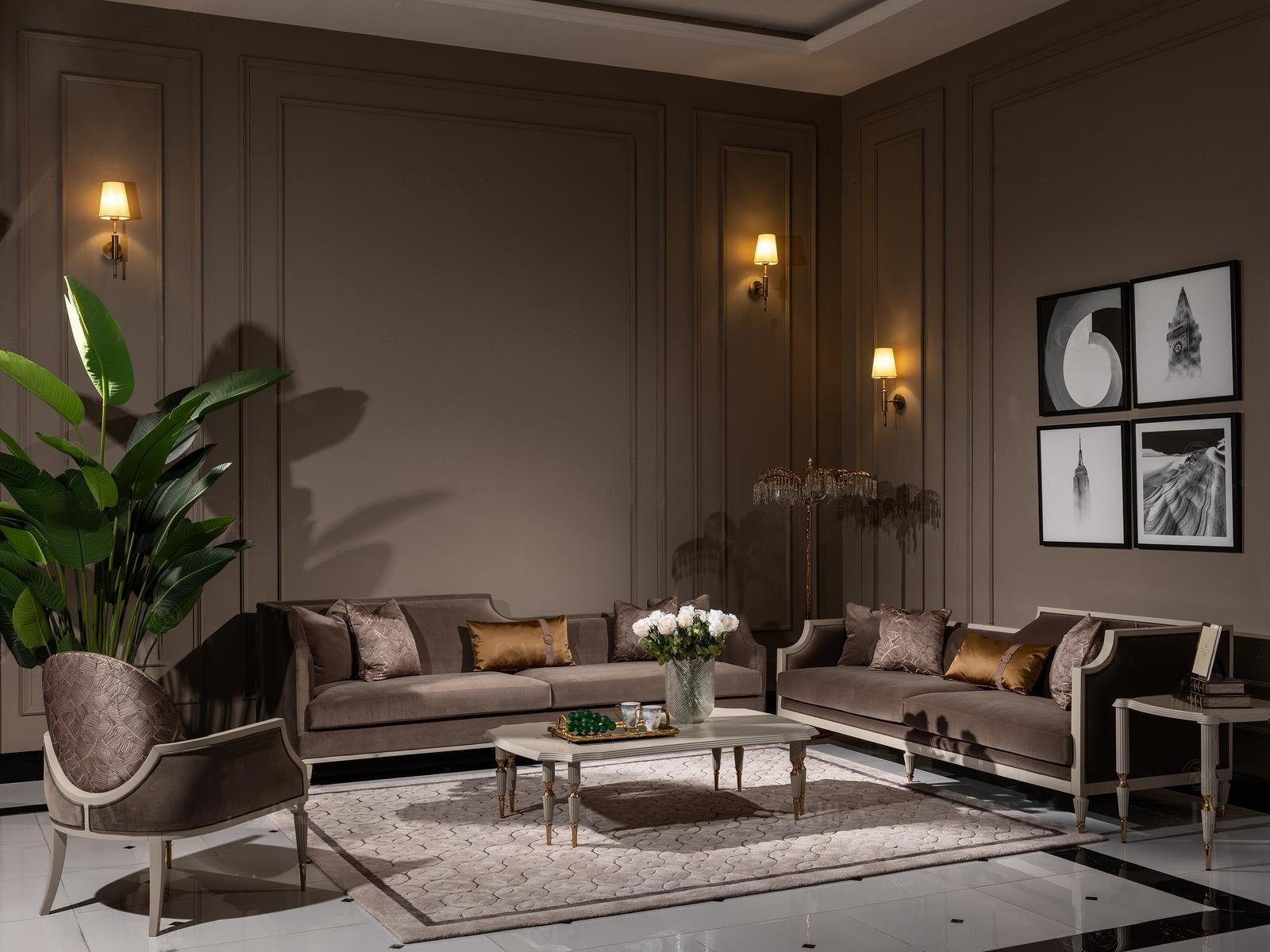 JVmoebel Wohnzimmer-Set Couchgarnitur Viersitzer 4 Sitz Couchtisch Stoffsofa Sessel Braun 4tlg, (4-St., 2x Sofa 4 Sitzer + 1x Sessel + 1x Couchtisch), Made in Europa