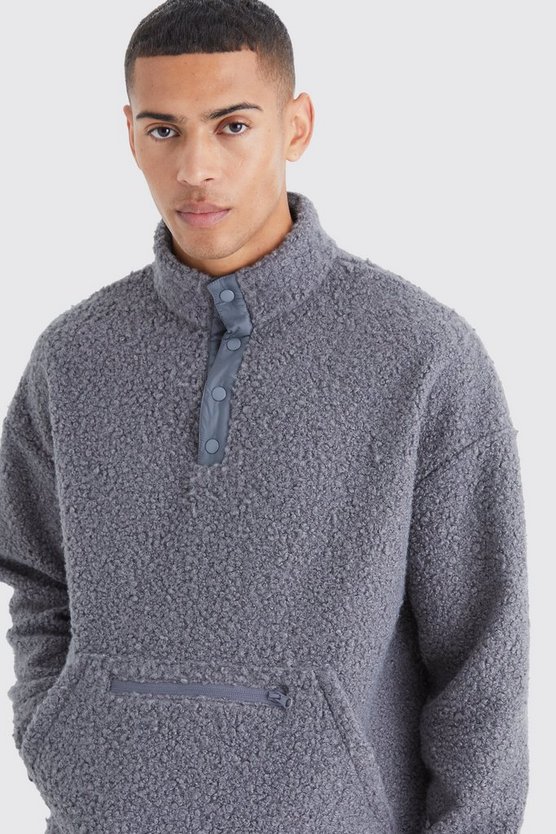 Oversize Bouclee Sweatshirt mit 1/4 Knöpfen und Trichterkragen