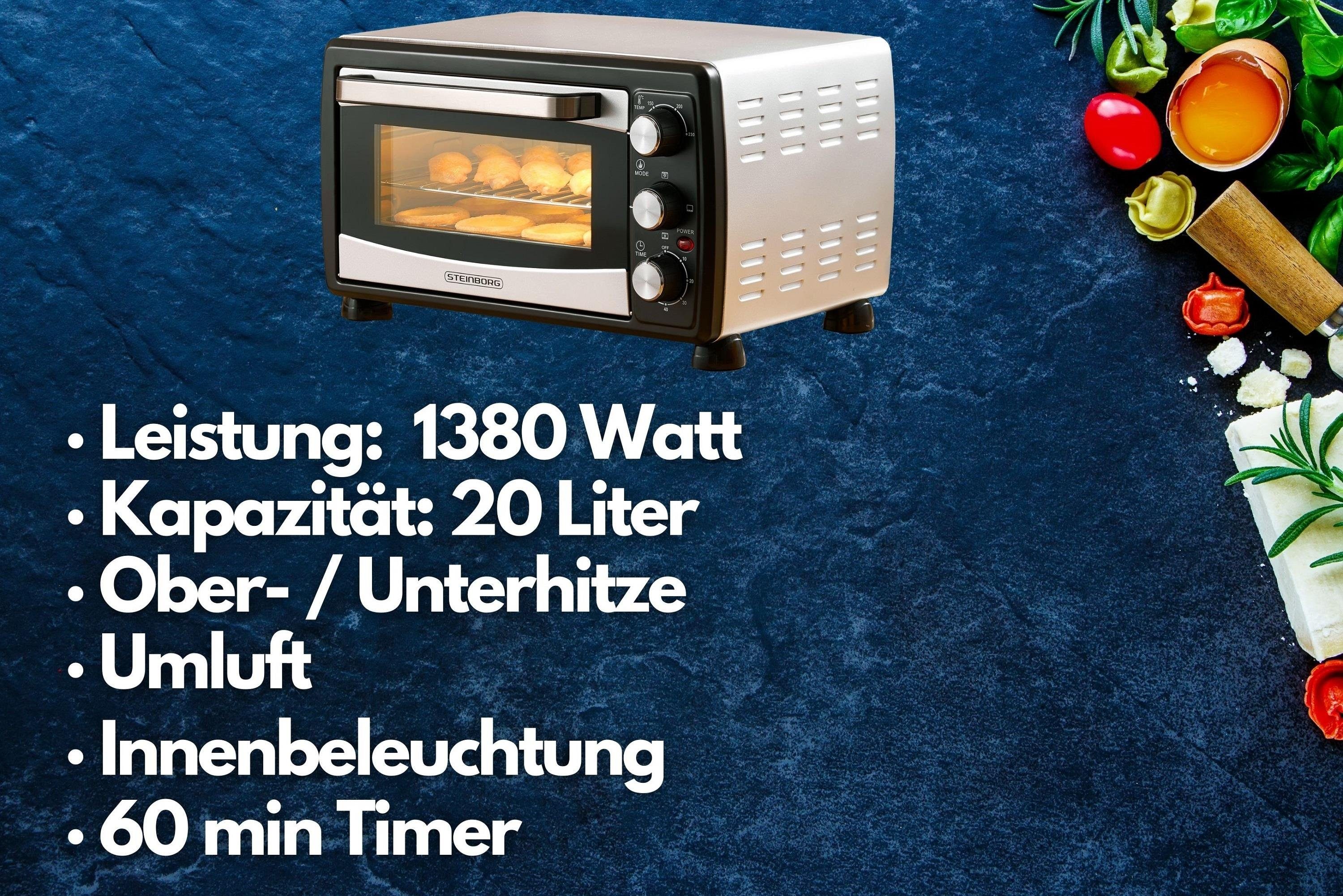 STEINBORG Minibackofen SB-3007, 20 Liter, Umluft, mit Krümelblech, 1380 Watt