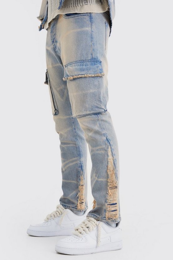 Zerrissene Slim-Fit Cargo-Jeans
