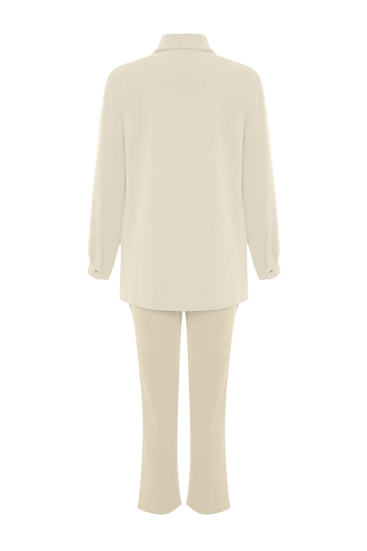Trendyol Modest  Set aus gewebtem Aerobin-Unterteil und Oberteil in Beige mit Vogelaugenmuster und detailliertem Design TCTSS24US00054