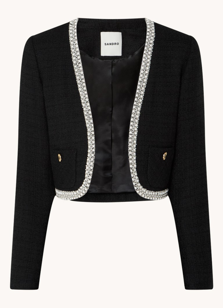 Sandro Cropped blazer with tweed look and rhinestones