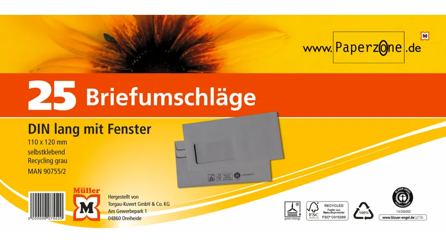 PAPERZONE Briefumschlag mit Fenster DIN lang selbstklebend recycling-grau