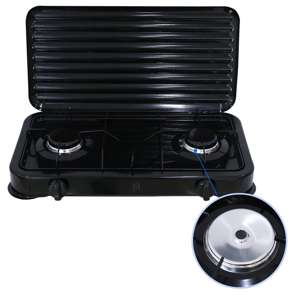 Mucola Gaskocher Campingkocher 2 flammig Gaskocher Camping Kochfeld Metall Gasbrenner, (1-St), Flamme stufenlos regulierbar durch Drehknopf