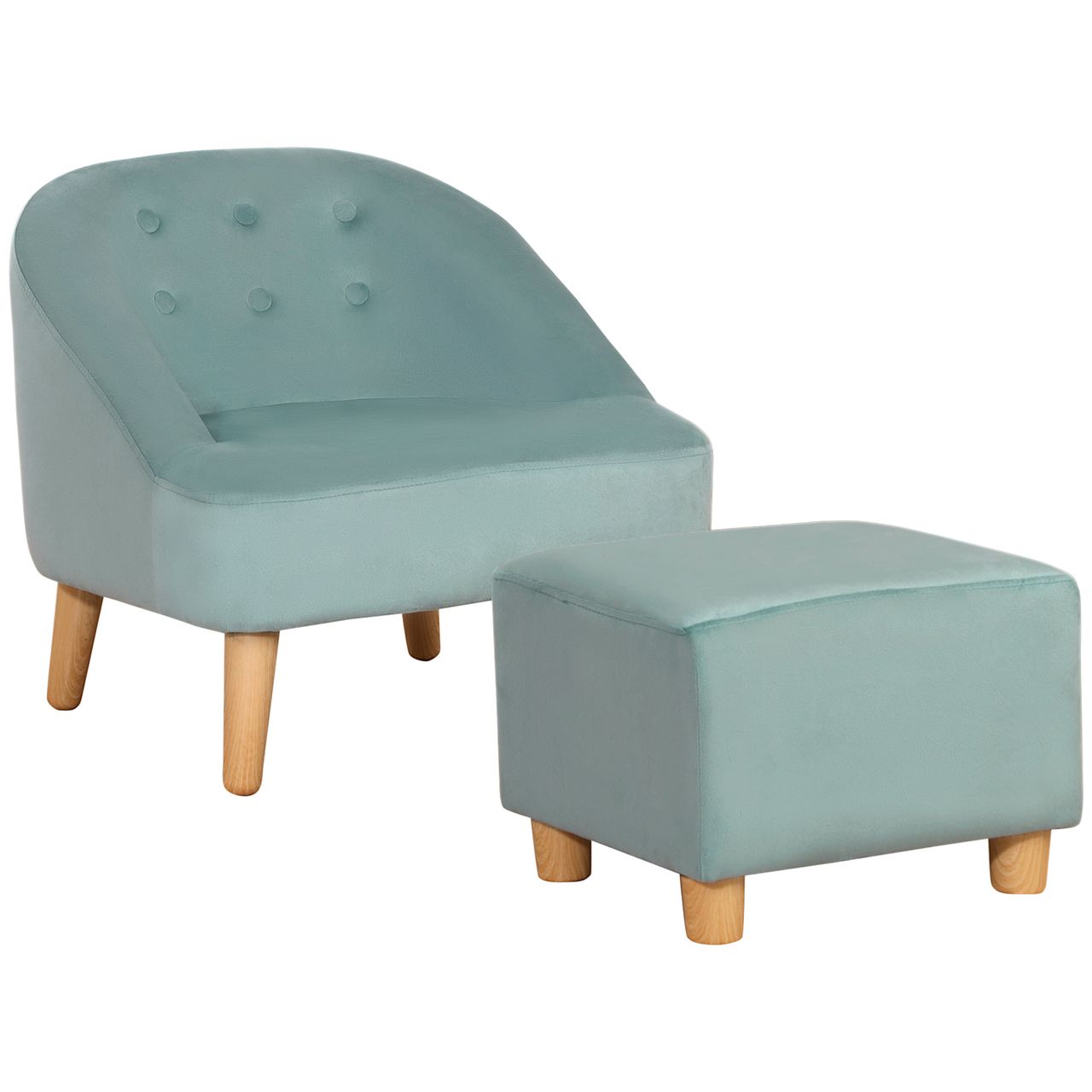 HOMCOM Kindersessel Kindersofa mit Fußhocker Kindercouch ab 3 Jahren Kindermöbel Kinderzimmer Samtoptik Eukalyptusholz Grün 51 x 51 x 50 cm