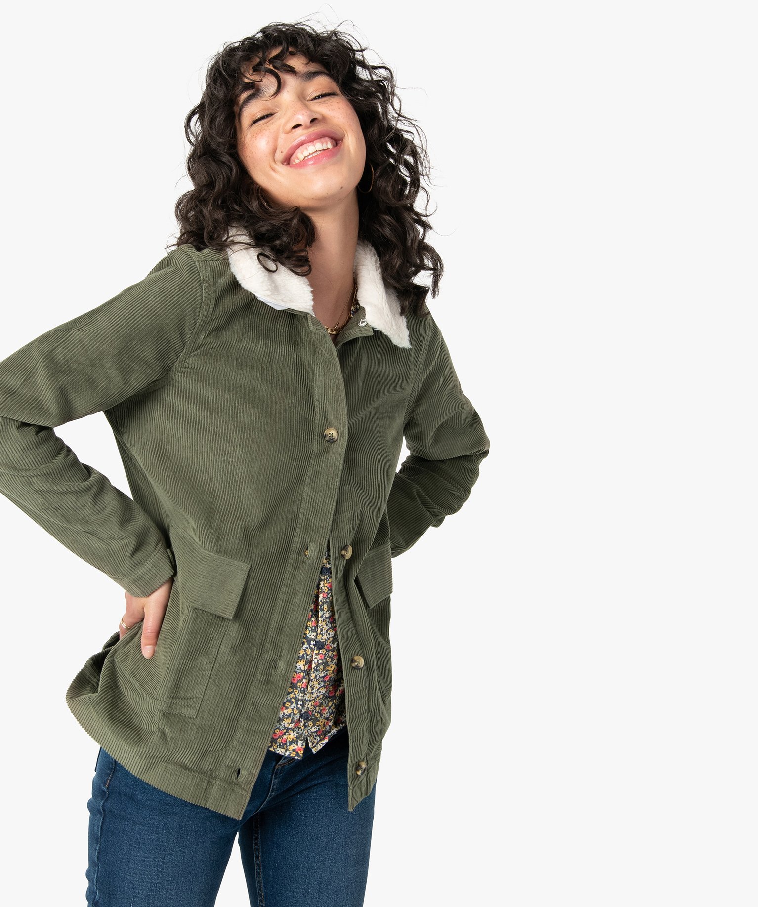 Blouson femme en velours ctelé avec col amovible kaki | GEMO