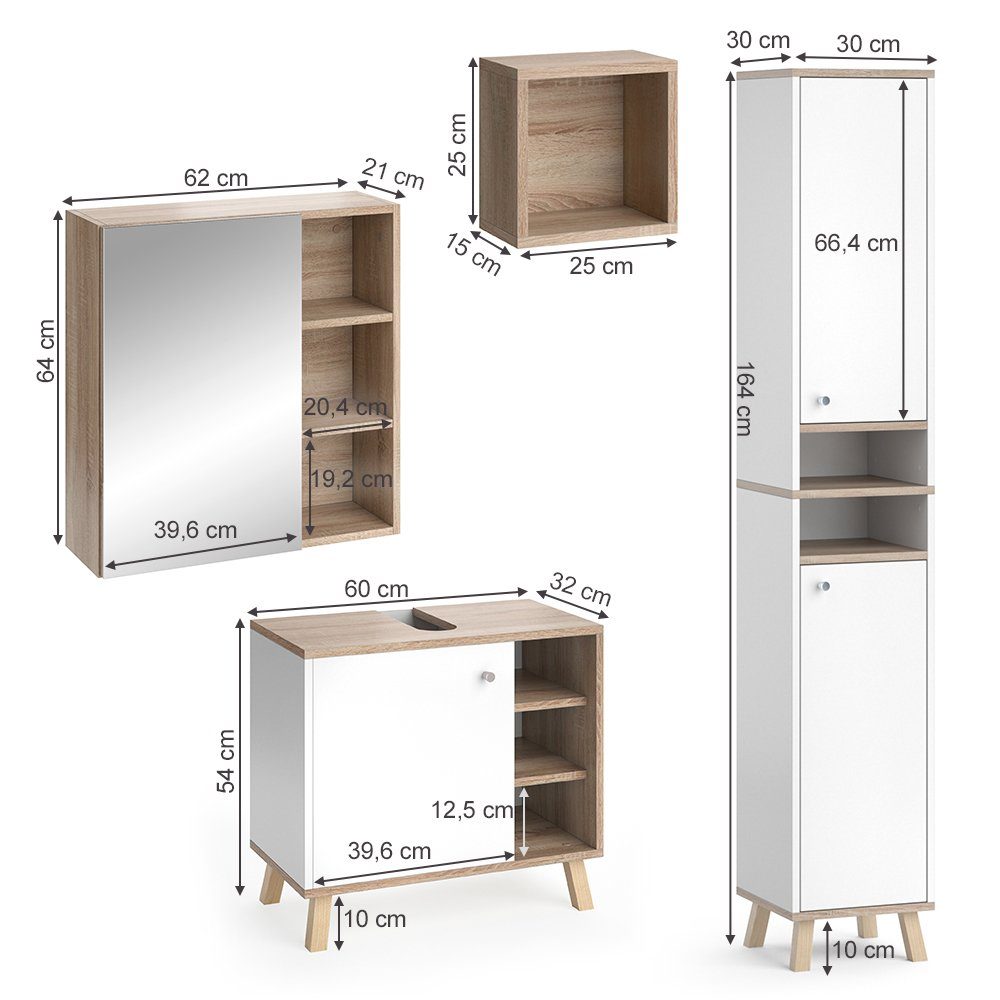 Vicco Badmöbel-Set Badezimmerset SENYO Sonoma / Weiß Set 6, (5er-Set, 5-St., 5-er Set)