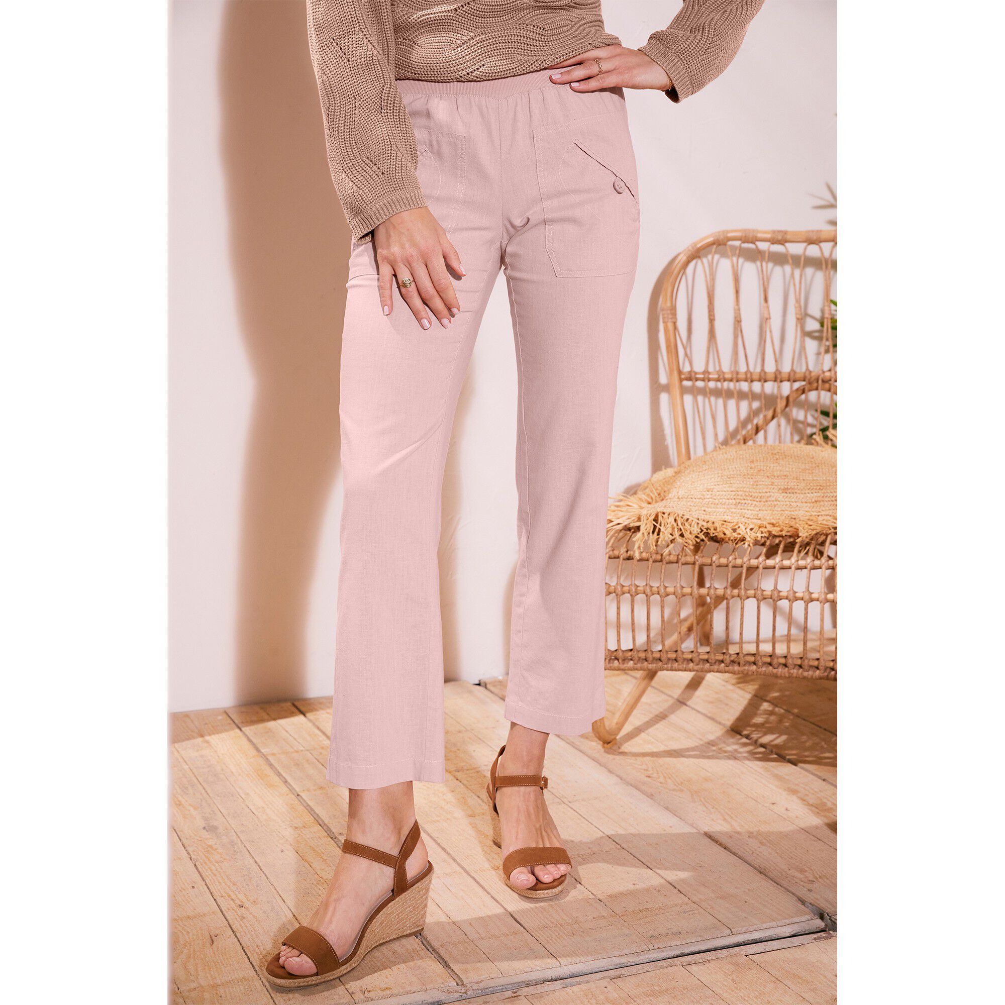 Pantalon coupe droite 7/8ème taille élastiquée, lin coton