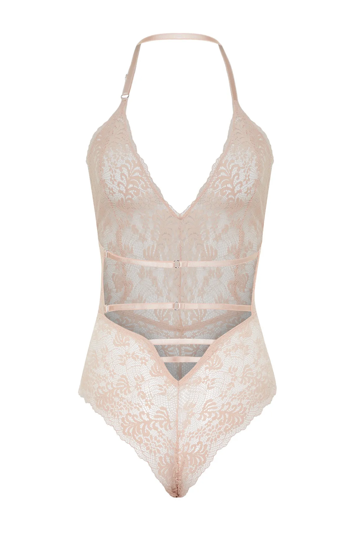 Trendyol Collection  Puderfarbener Strick-Body mit gerüschten Seilriemen und Druckknöpfen THMAW23BD00009
