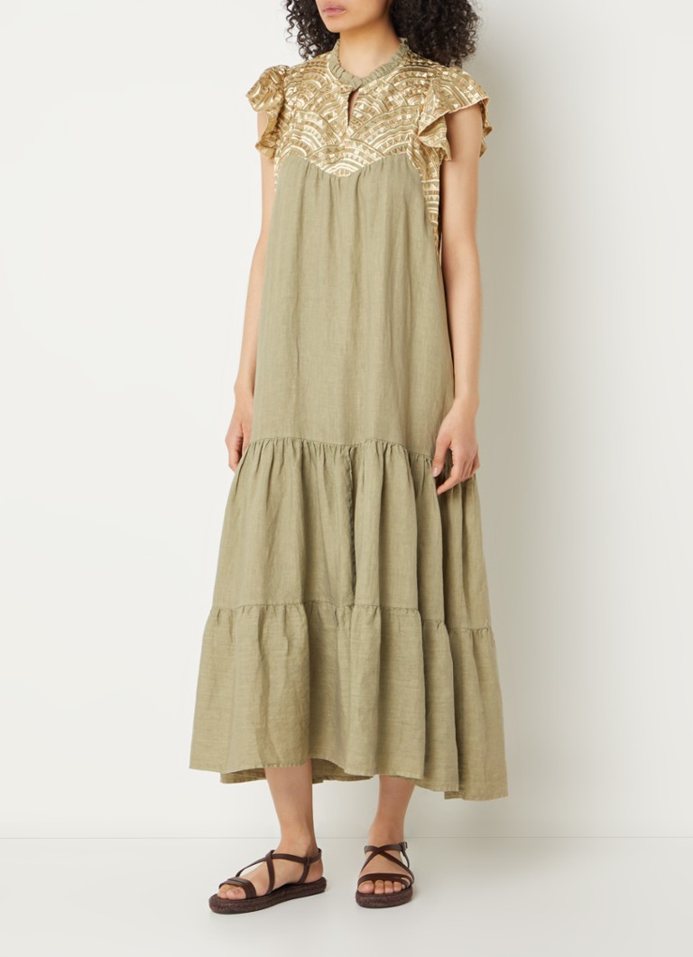 Greek Archaic Kori Midi linen tunic dress with embroidery