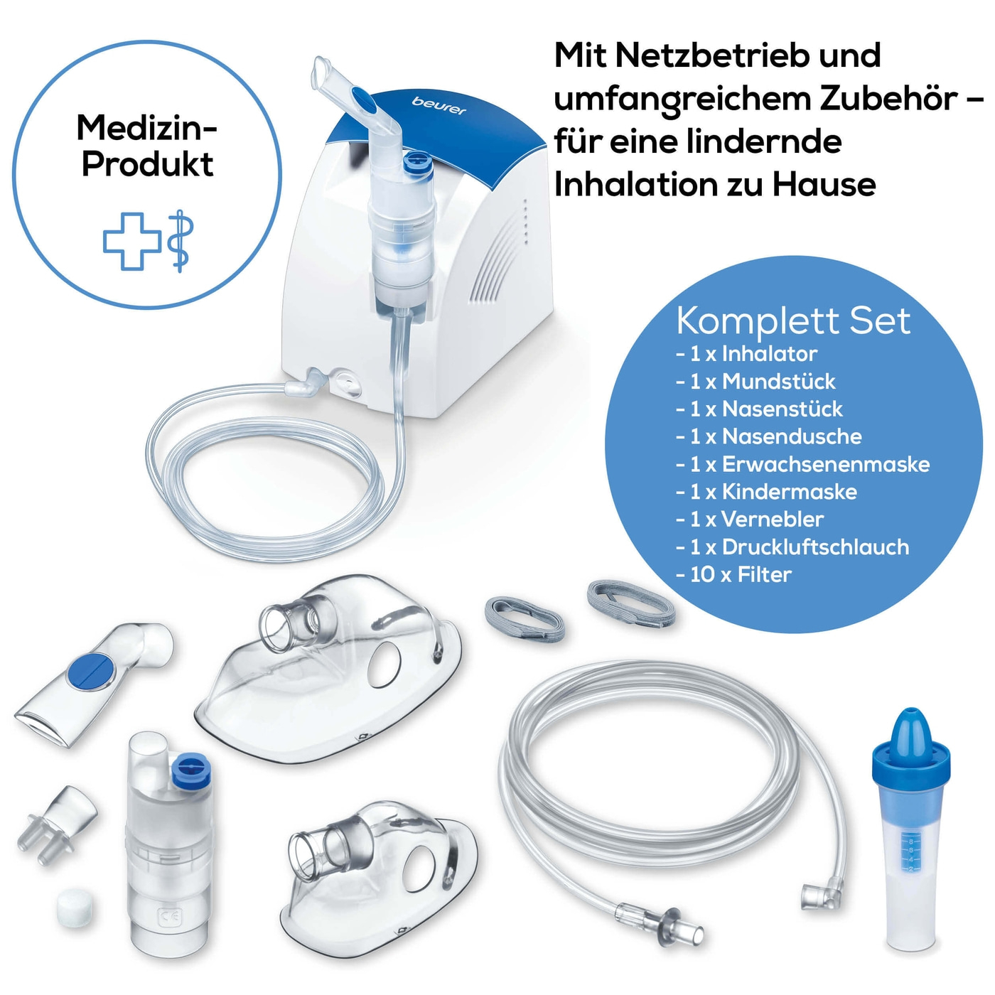 Beurer Inhalator IH 26-Inhalator mit Kompressor-Drucklufttechnologie & hohe Verneblung inkl. Nasendusche