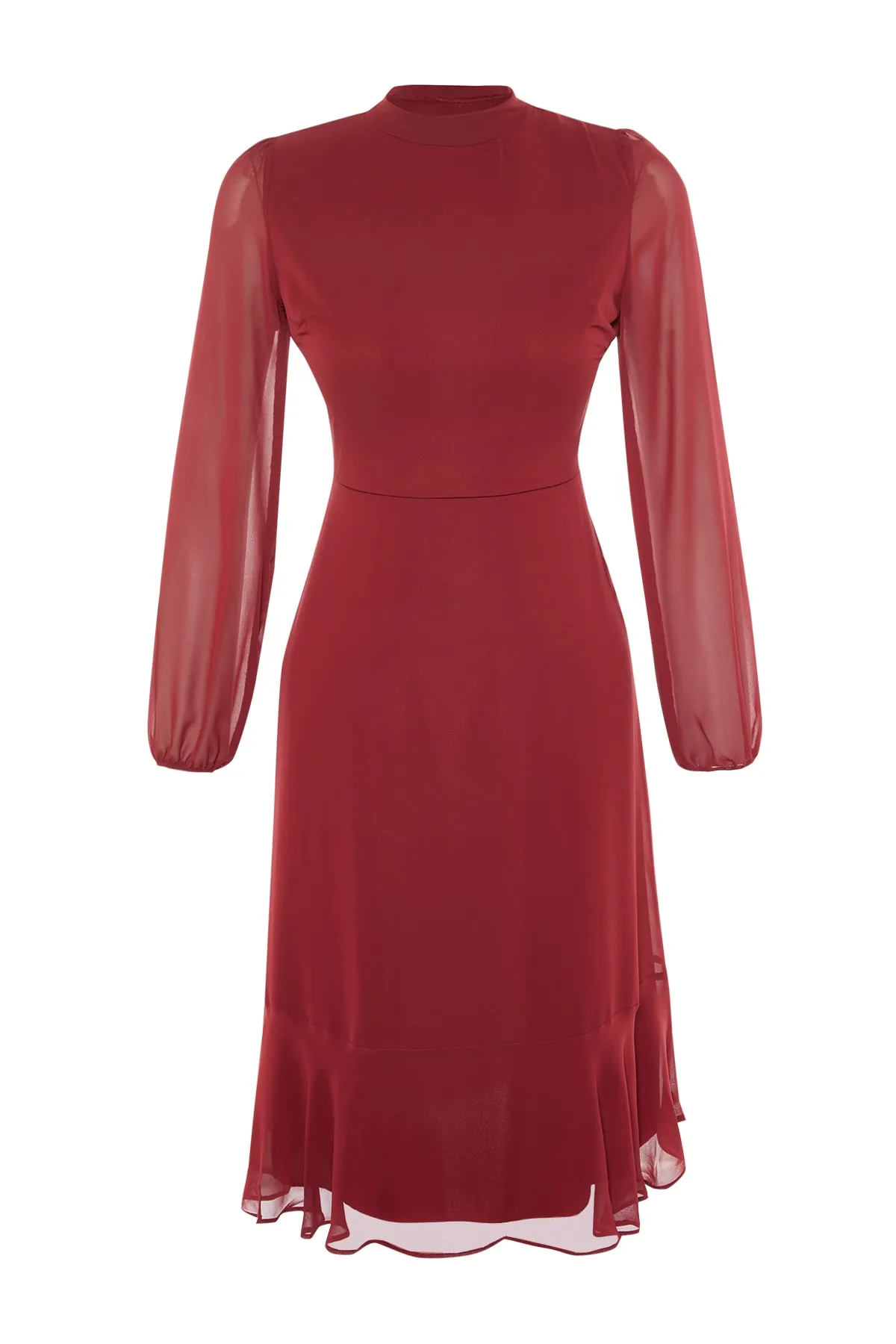 Trendyol Collection  Weinrotes Midi-gefüttertes Webkleid mit hohem Kragen TWOAW20EL1313