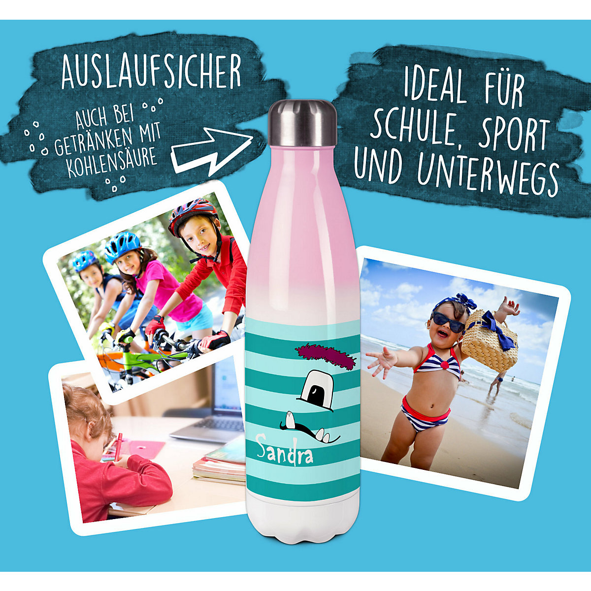 Edelstahl Kinder Thermoflasche / Trinkflasche bunt Monster Streifen Farbe türkis Spülmaschinenfest, Auslaufsicher, Bruchfest, Doppelwandig, Für Heißgetränke geeignet, Mit Deckel, Isoliert