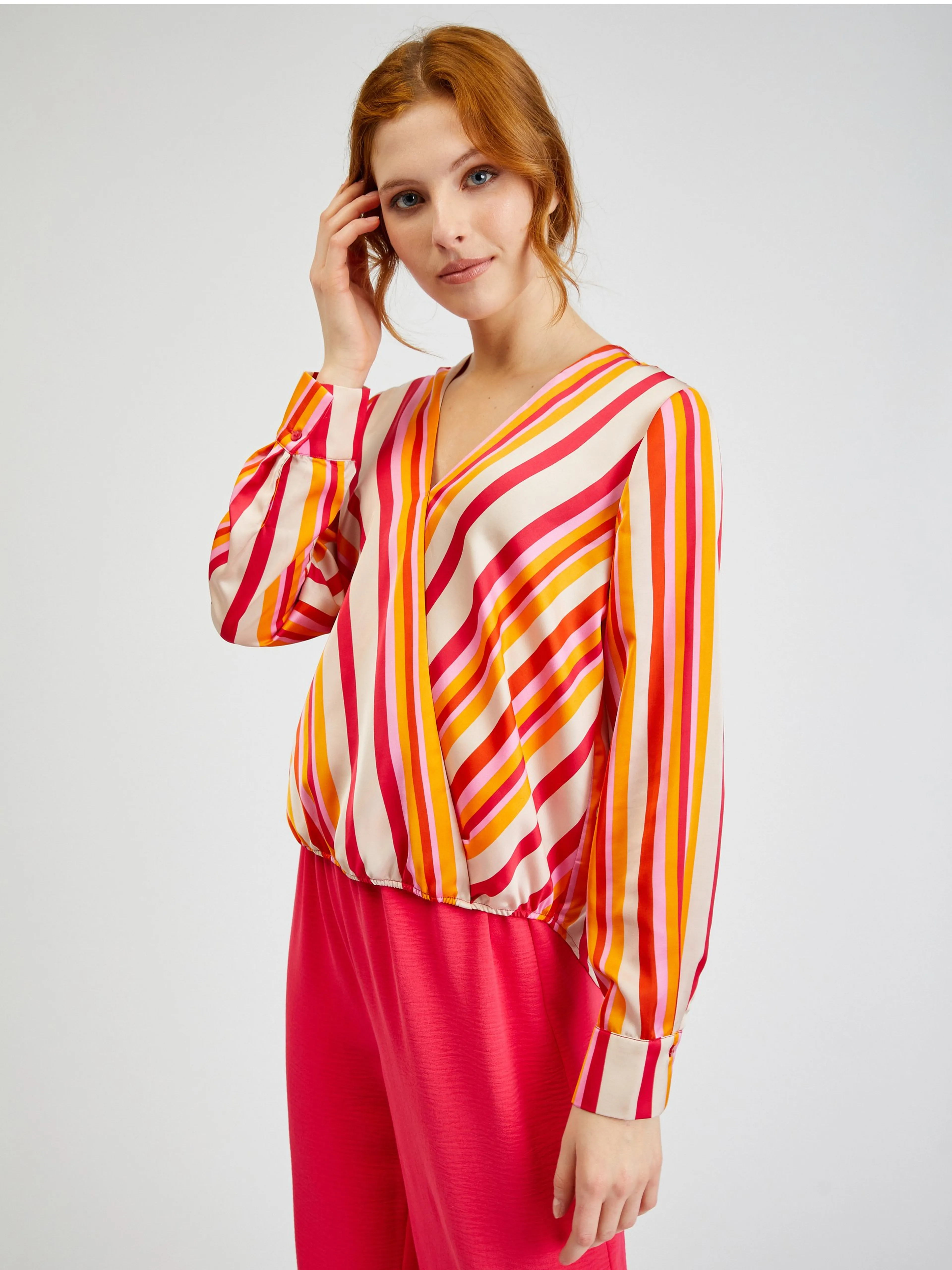 Rosa und orange gestreifte Damen-Satinbluse ORSAY