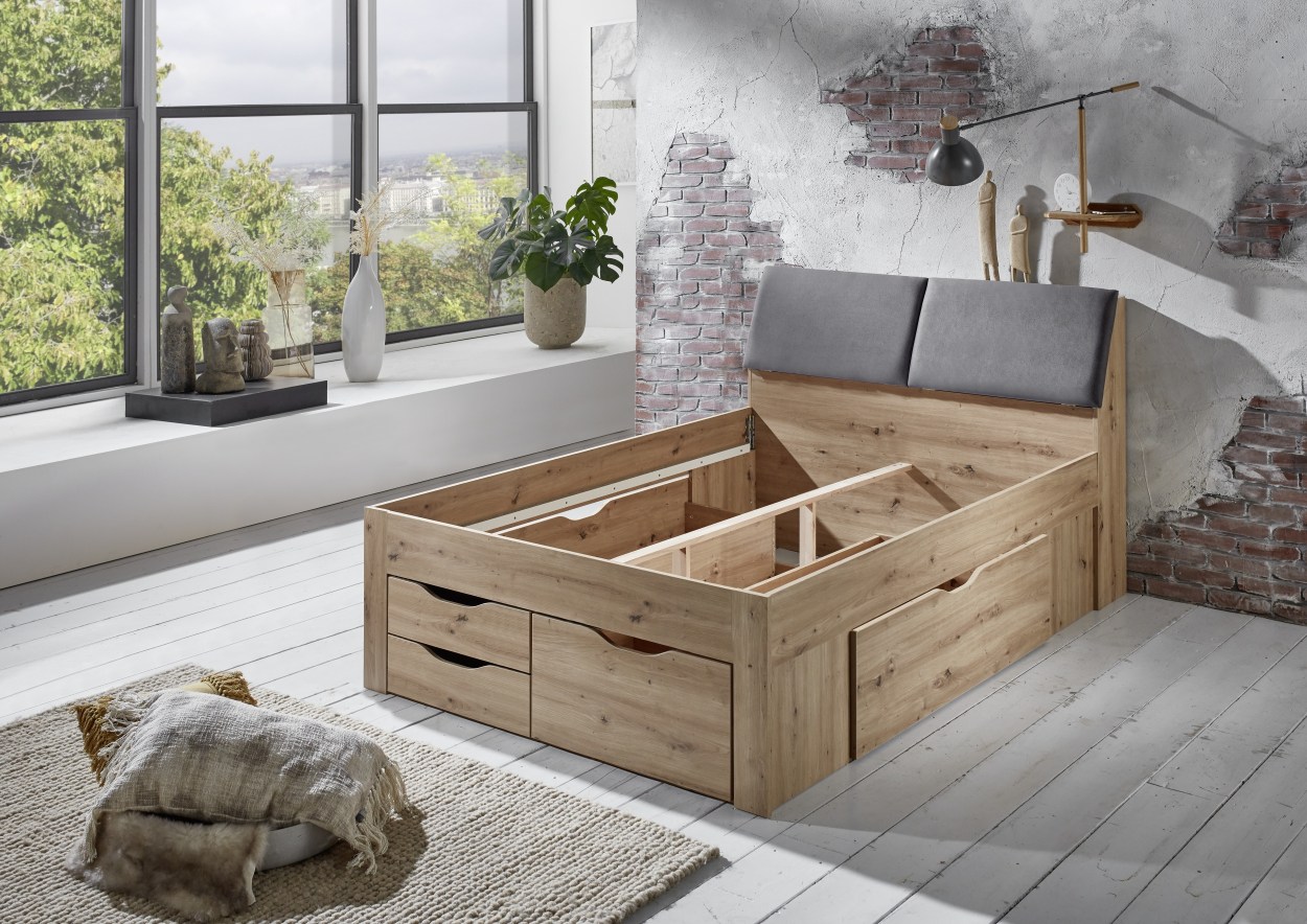 Relita Funktionsbett Maxi 140 x 200 cm, ohne Lattenrost mit 5 Bettschubladen und Stauraum-Polster-Kopfteil Eiche Artisan Dekor