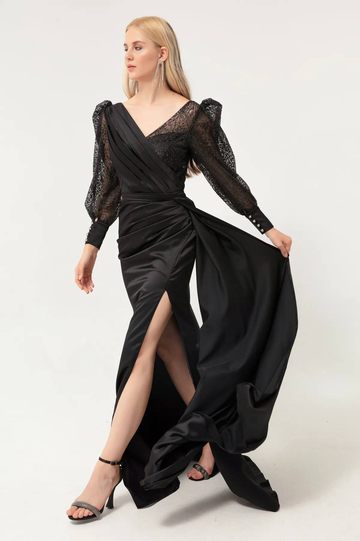 Lafaba  Schwarzes, zweireihiges, glitzerndes Abendkleid aus Satin mit Kragen für Damen