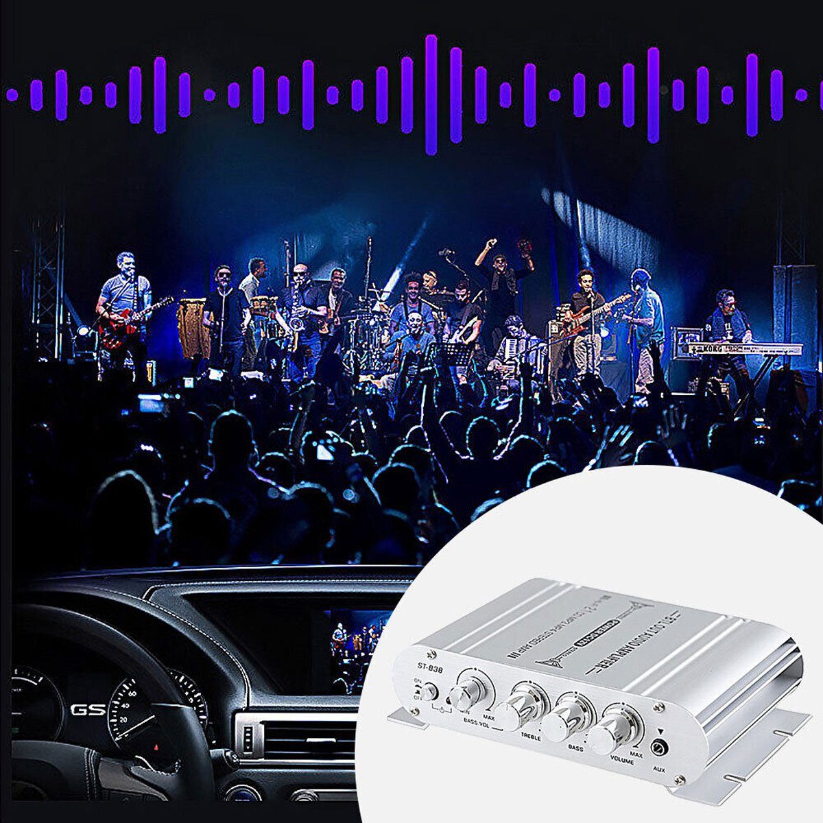 Yoyaxi 12-V-Car-Audio-Stereo-Verstärker: 2.1-Kanal-HiFi-Leistungsverstärker 2.1 Soundsystem (2.1-Kanal-Audioausgang Standard-Stereo-Cinch und 3,5-mm-AUX-Eingang)