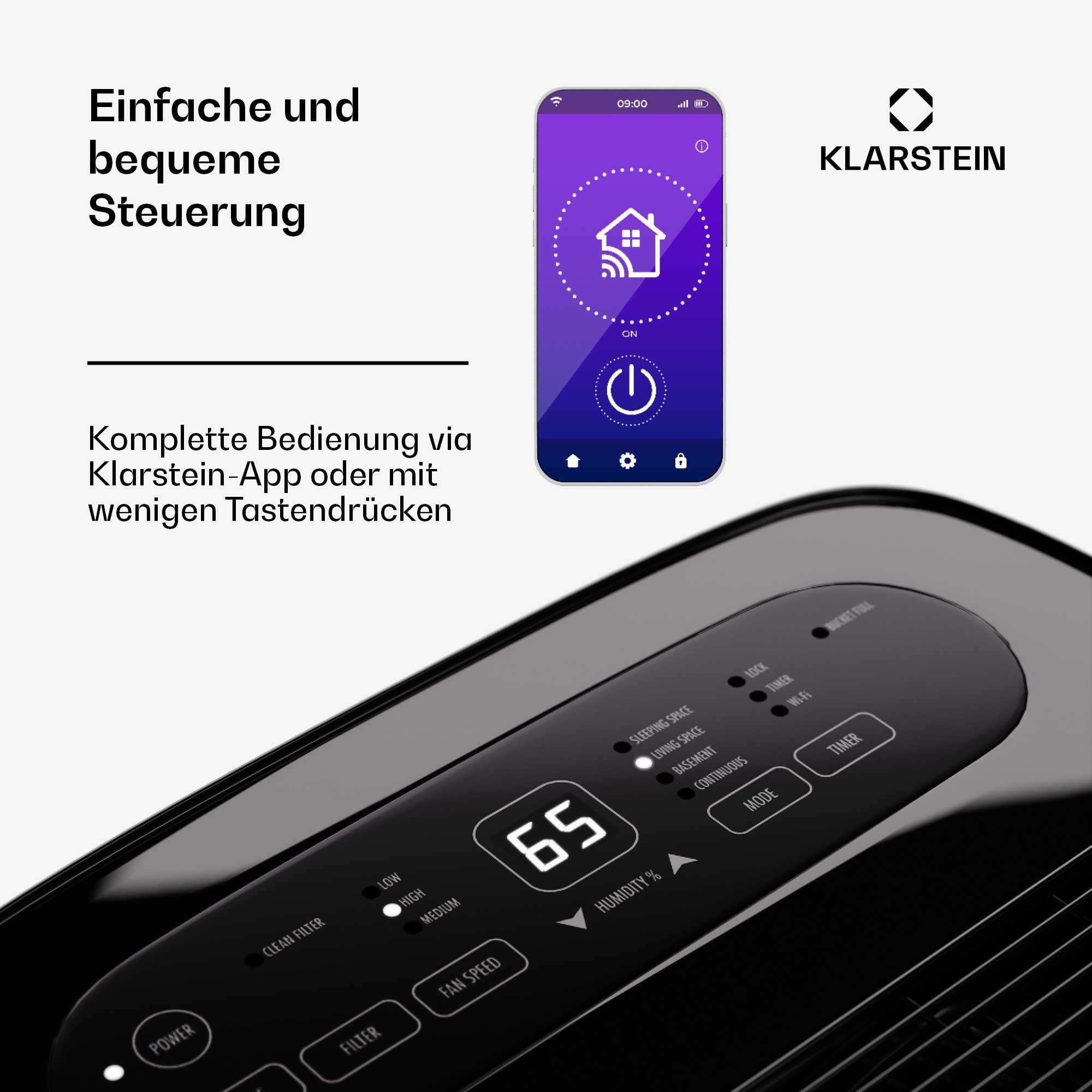 Klarstein Luftentfeuchter DryFy Connect 60 Luftentfeuchter, Elektrisch 60l/d 8 L Wasser Tank Wifi App
