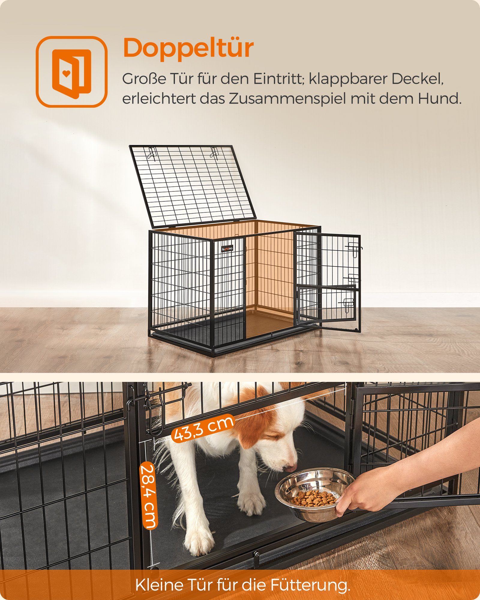 FEANDREA Hundekäfig, Hundebox L/XL Doppeltür vielseitig einsetzbar
