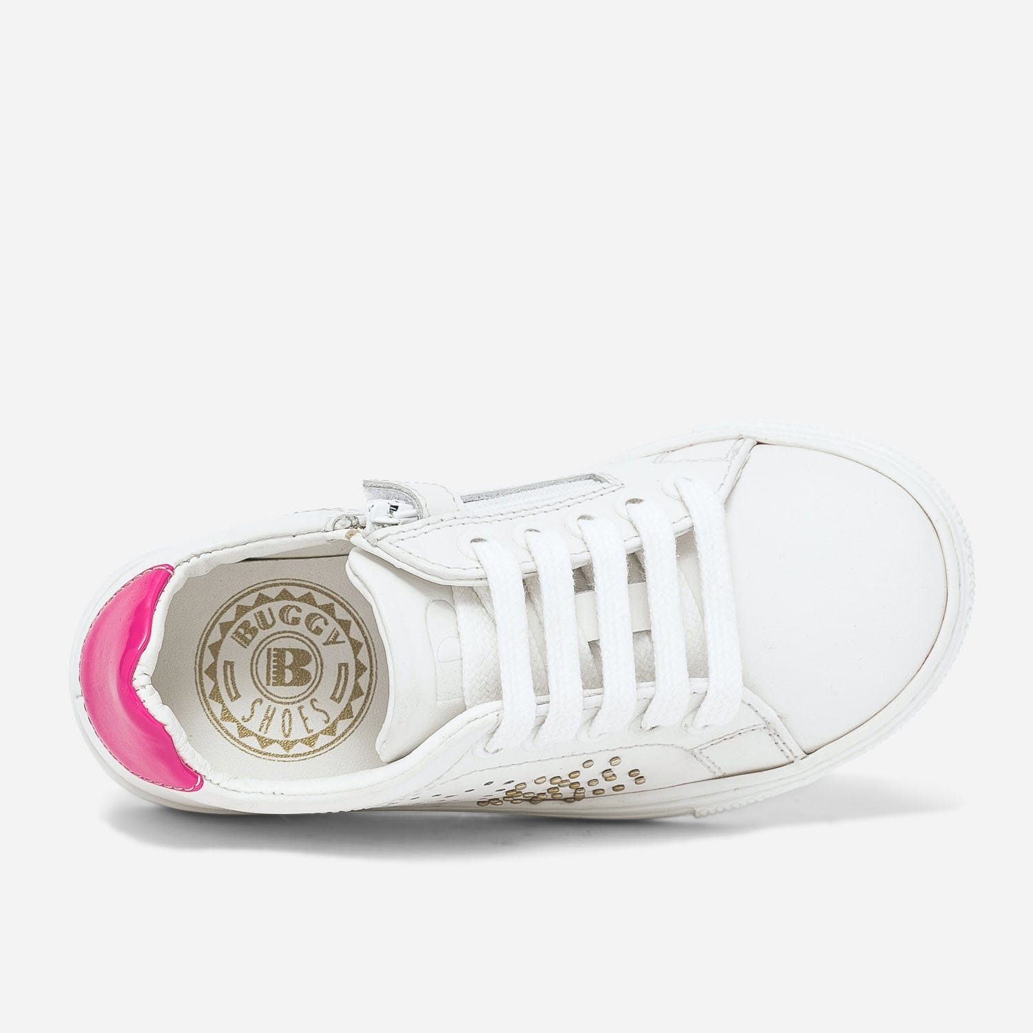 Tennis BUGGY blanche en cuir à contrefort rose fluo verni