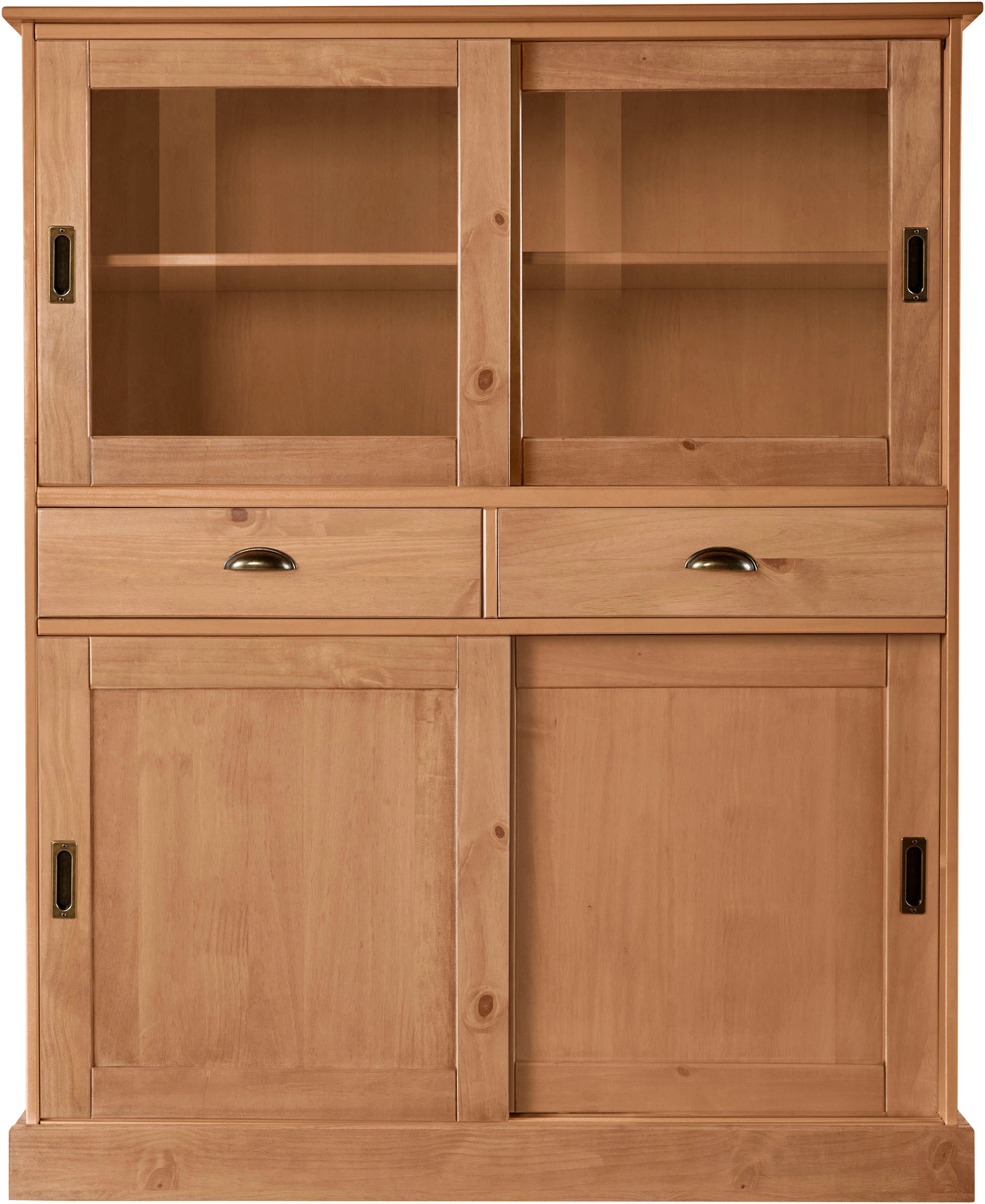 Home affaire Highboard Schröder, mit 2 Glas- u. 2 Holztüren, 2 Schubkasten, aus massivem Kiefernholz
