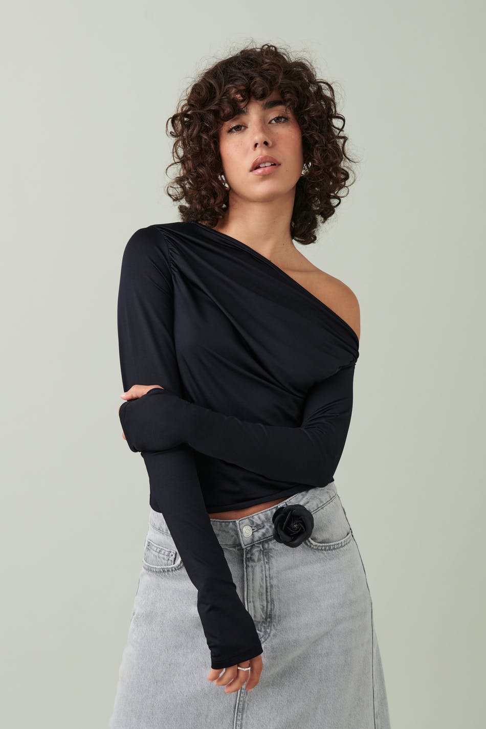 Ruched asymmetric micro top