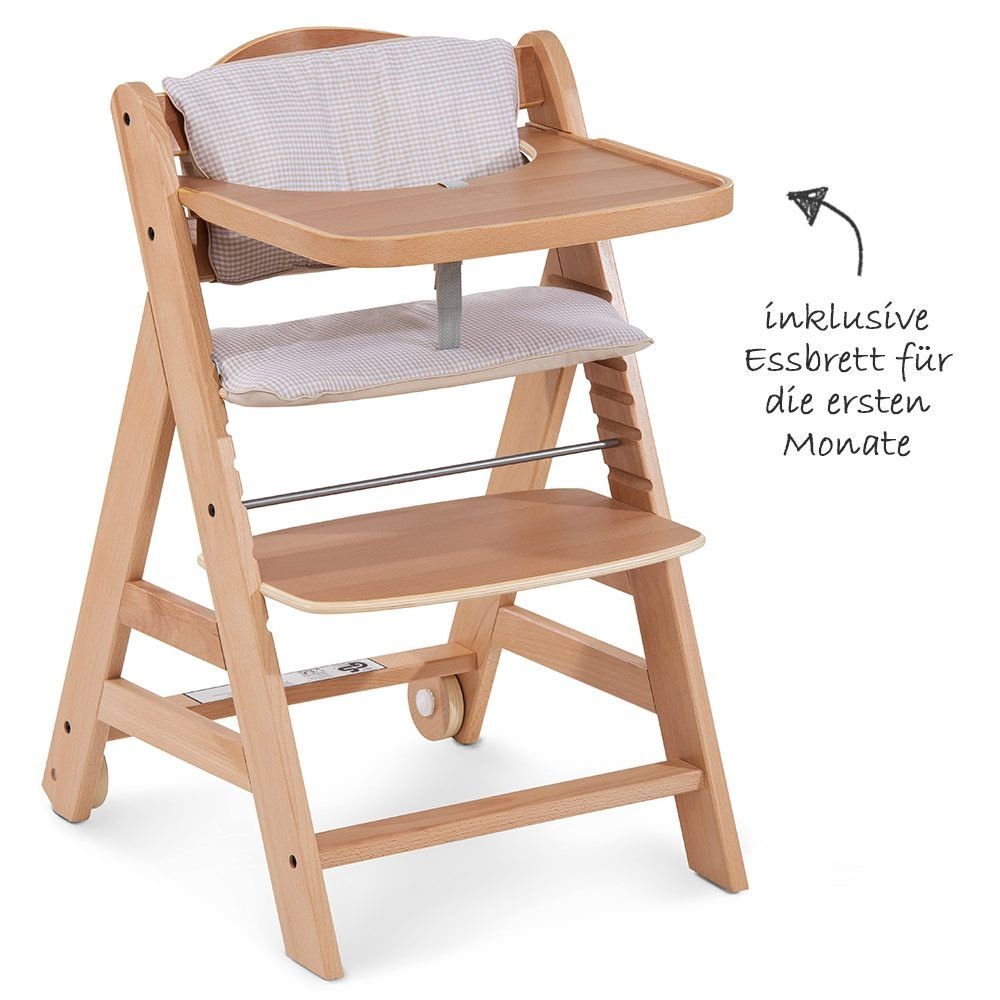 Hauck Hochstuhl Beta Plus - Natur Check (3 St), Mitwachsender Holz Kinderhochstuhl mit Essbrett, Sitzauflage & Rollen