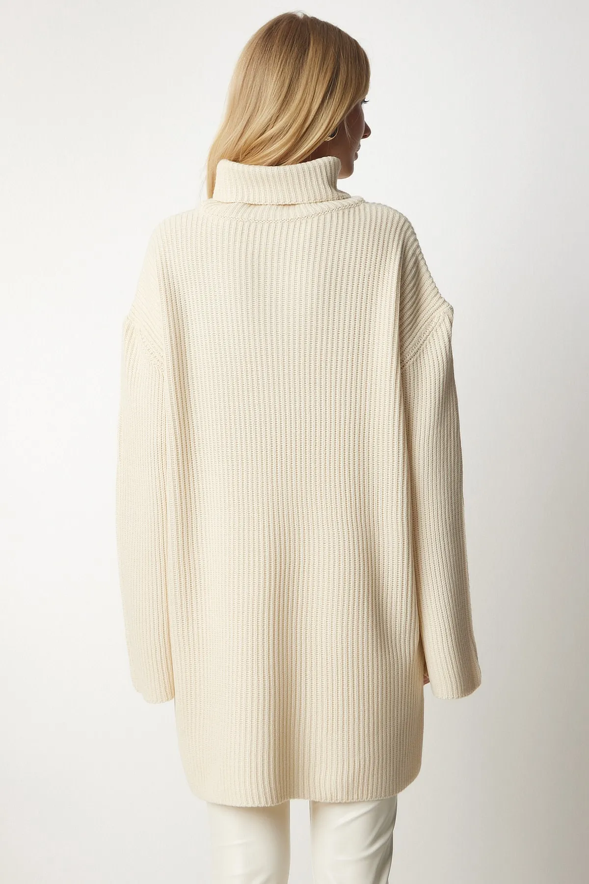 Happiness İstanbul  Cremefarbener Rollkragenpullover in Übergröße für Damen, Strickpullover YY00164