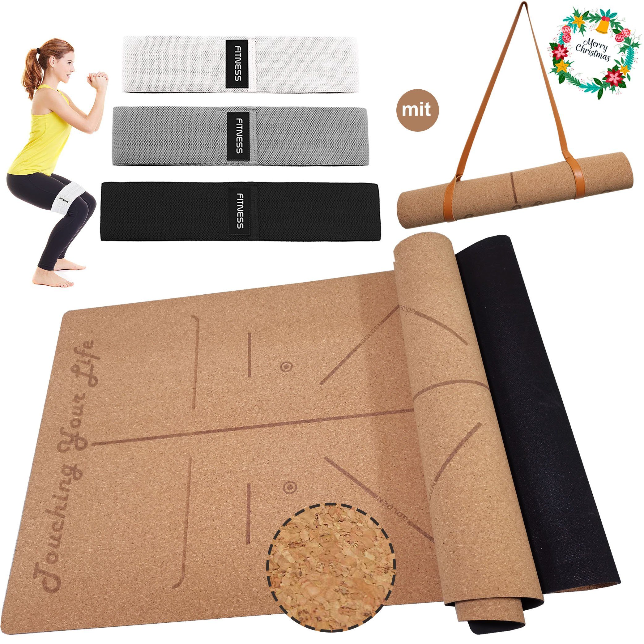 GOLDEN Yogamatte GOLDEN® Yogamatte rutschfest aus Kork und Kautschuk mit Tragegurt XL groß 4mm Dicke 183cm Länge 66cm Breite Kork Align 100% Recycelbare Materialien