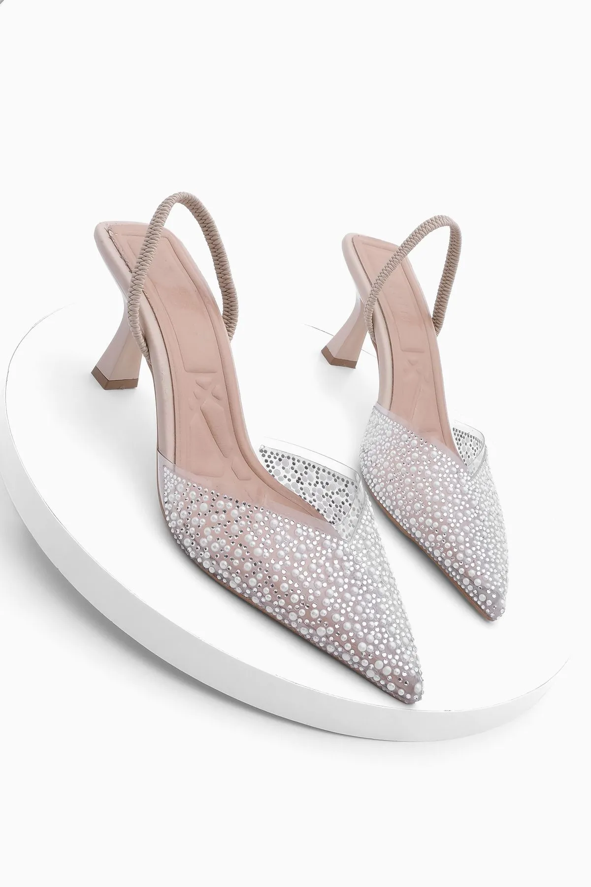 Marjin  Damen-Abendkleid mit Stiletto-Schmuck und spitzer Zehenpartie und offenem Rücken und Absatzschuhen Lala Beige