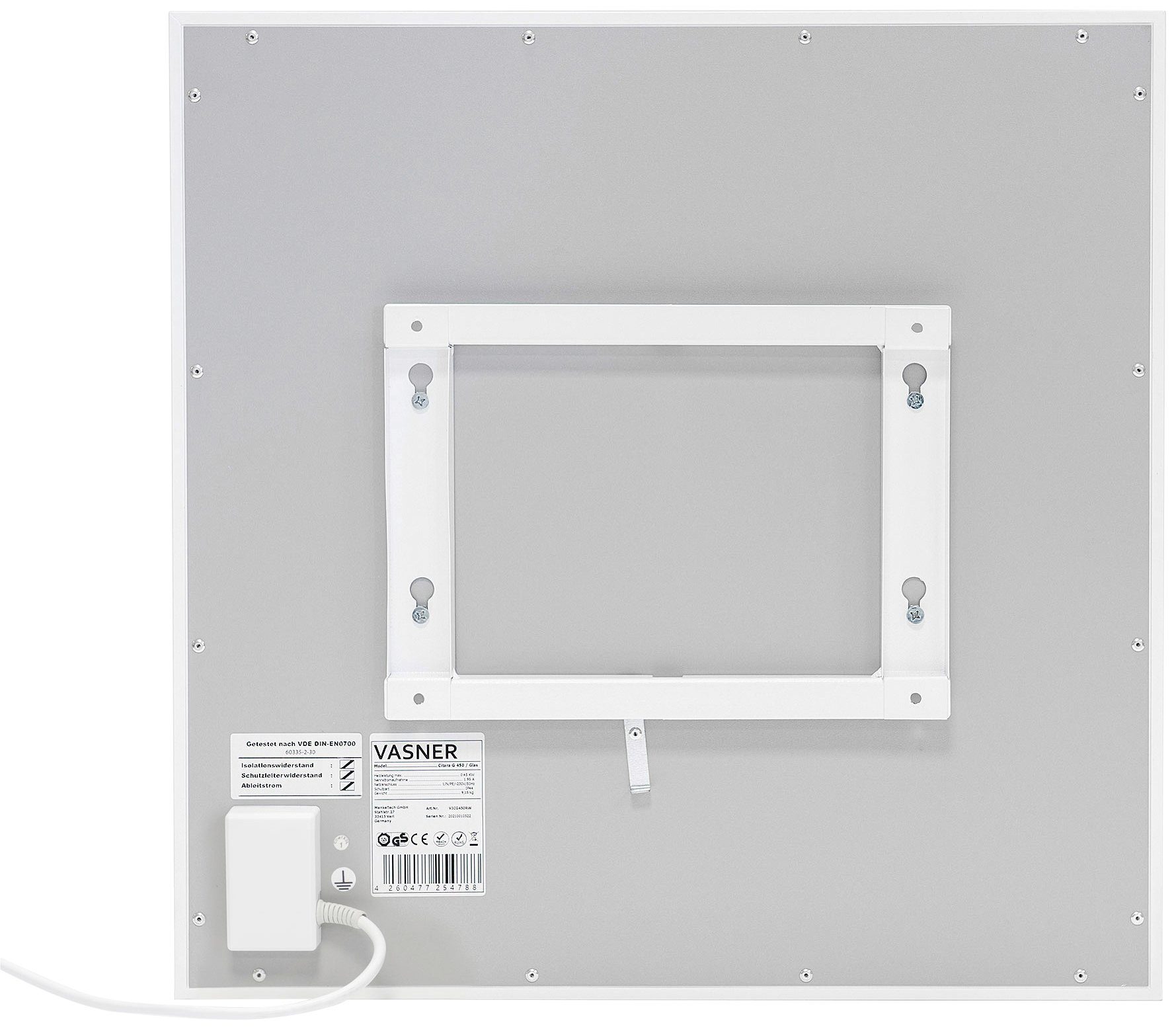 Vasner Infrarotheizung Glas mit Rahmen weiß, 450 W, Citara G, Infrarot Glasheizung, IP44 Bad geeignet