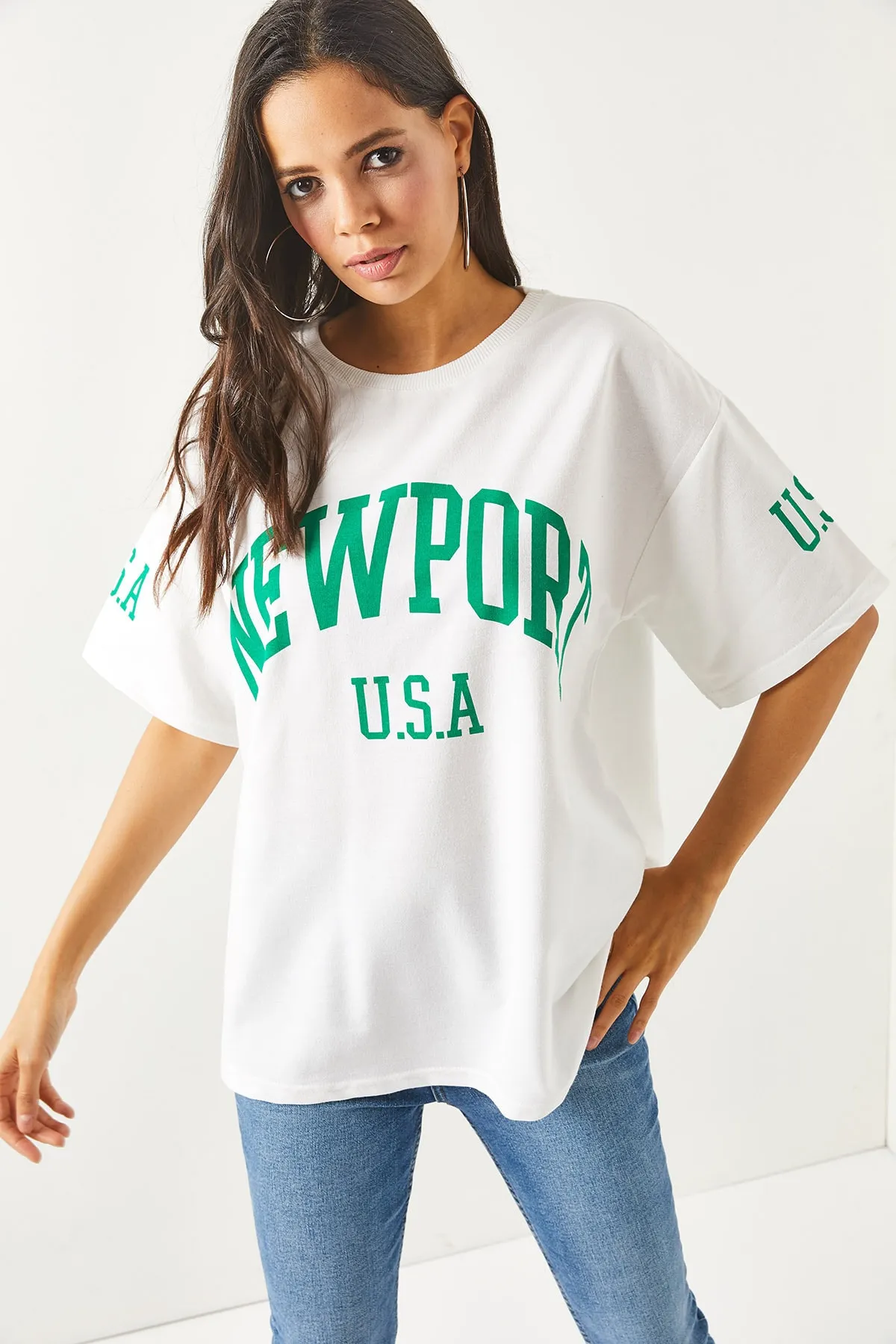 Olalook  Damen-T-Shirt Newport, weiß, vorne und hinten bedruckt, 2-fädig, Unisex-Übergröße-T-Shirt TSH-19000696