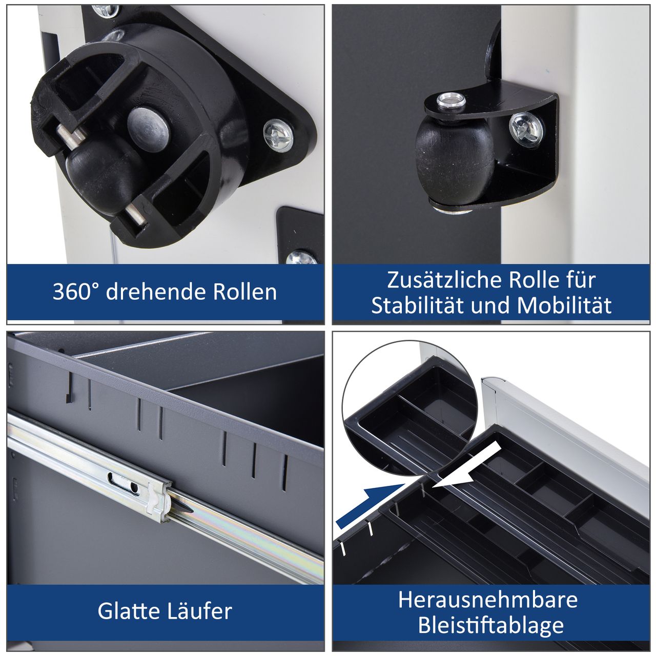 Vinsetto Rollcontainer, mobiler Aktenschrank mit 3 Schubladen, Büroschrank, Aufbewahrung, Stahl, Weiß, 39 x 48 x 59 cm