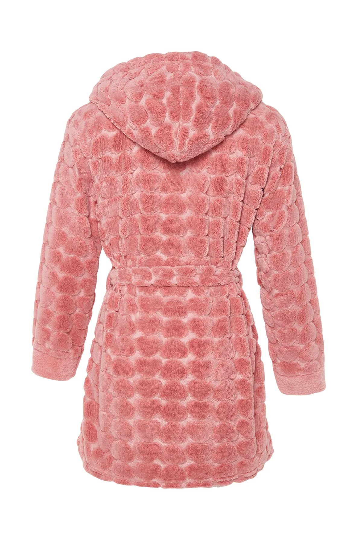 Trendyol Collection  Rosafarbener, herzgemusterter Fleece-Strick-Morgenmantel mit Gürtel THMAW24SB00002