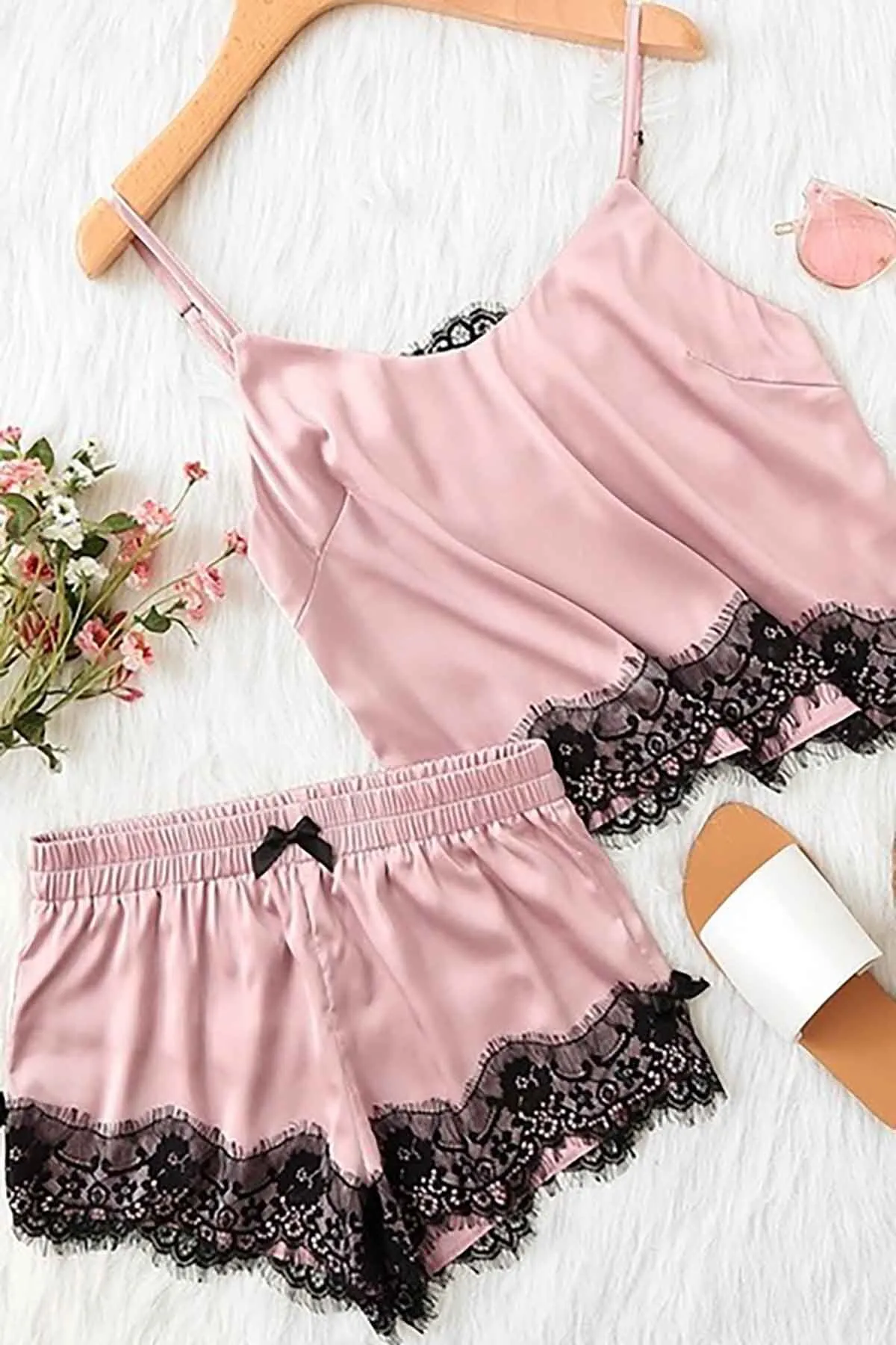 Merry See  Beruflic Spitze besticktes Satin-Nachthemd-Set, Rosa
