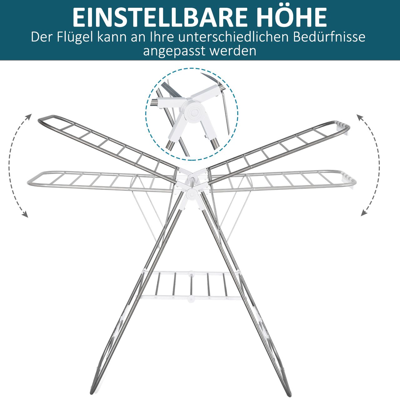 HOMCOM faltbarer Wäscheständer, tragbarer Flügelwäschetrockner, Edelstahl, Kunststoff, Silber, Weiß, 146 x 60,5 x 98 cm