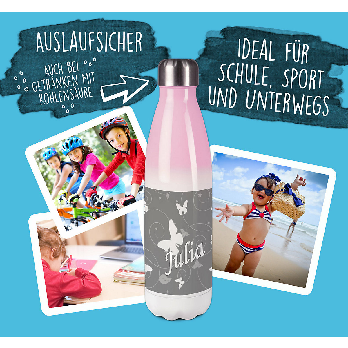 Edelstahl Kinder Thermoflasche / Trinkflasche bunt Schmetterling Ornamente Farbe grau Spülmaschinenfest, Auslaufsicher, Bruchfest, Doppelwandig, Für Heißgetränke geeignet, Mit Deckel, Isoliert