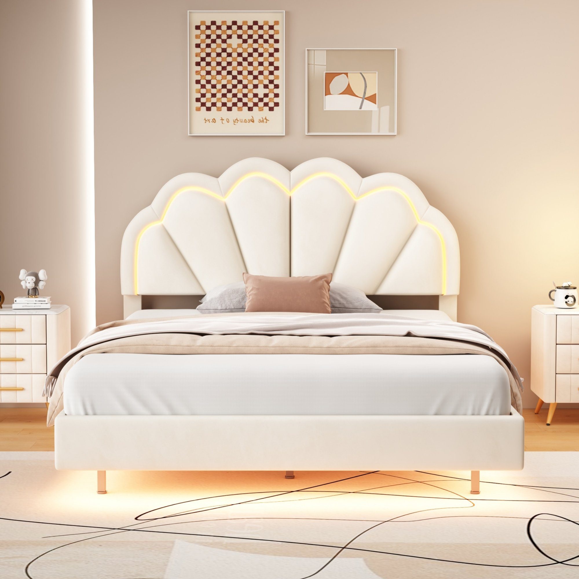 Flieks Polsterbett, LED Beleuchtung Doppelbett Schwebebett Muschel Kopfteil 140x200cm Samt