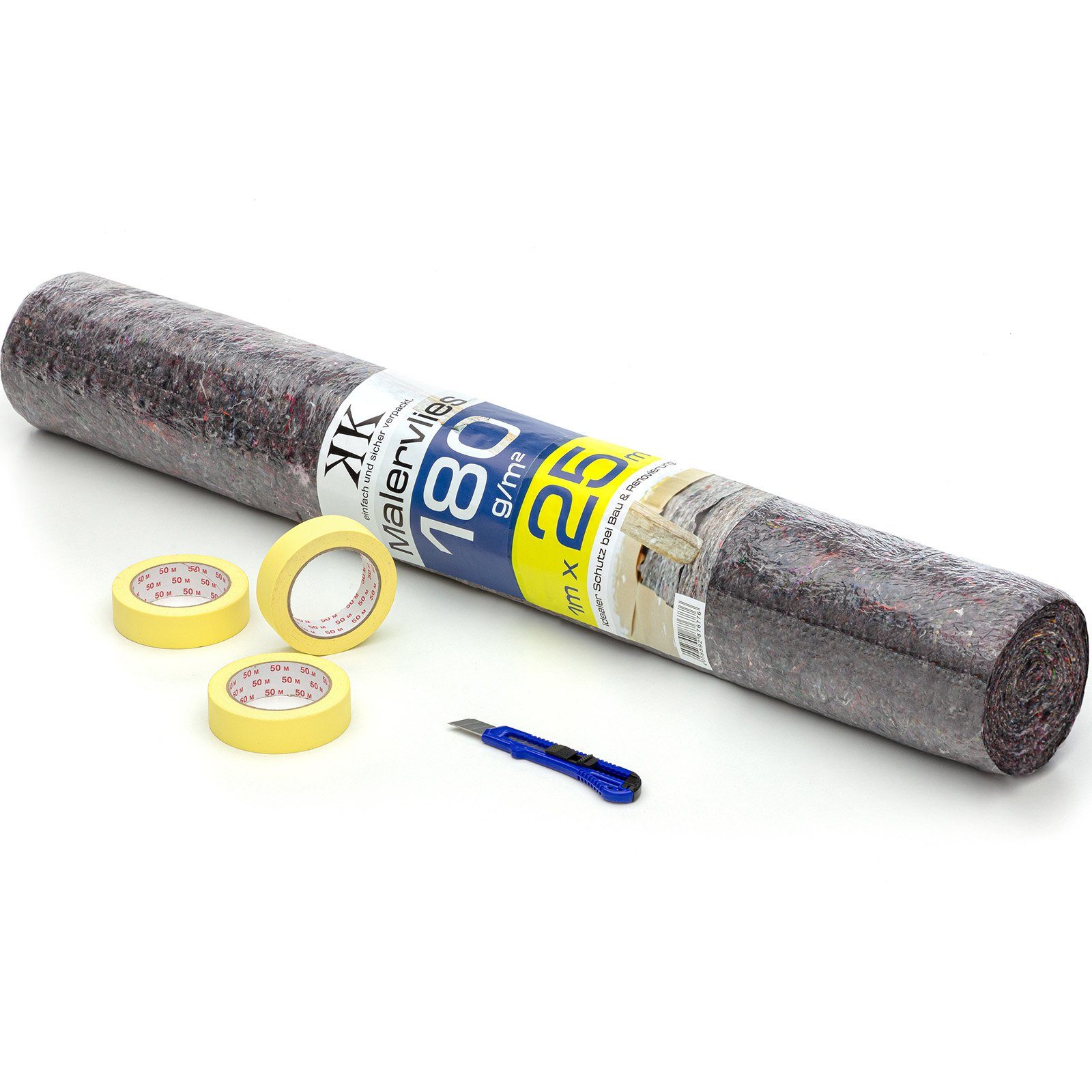 KK Verpackungen Bodenschutzvlies, (Spar-Set), Set Malervlies 25m Kreppband 30mm x 50m Cuttermesser 18mm