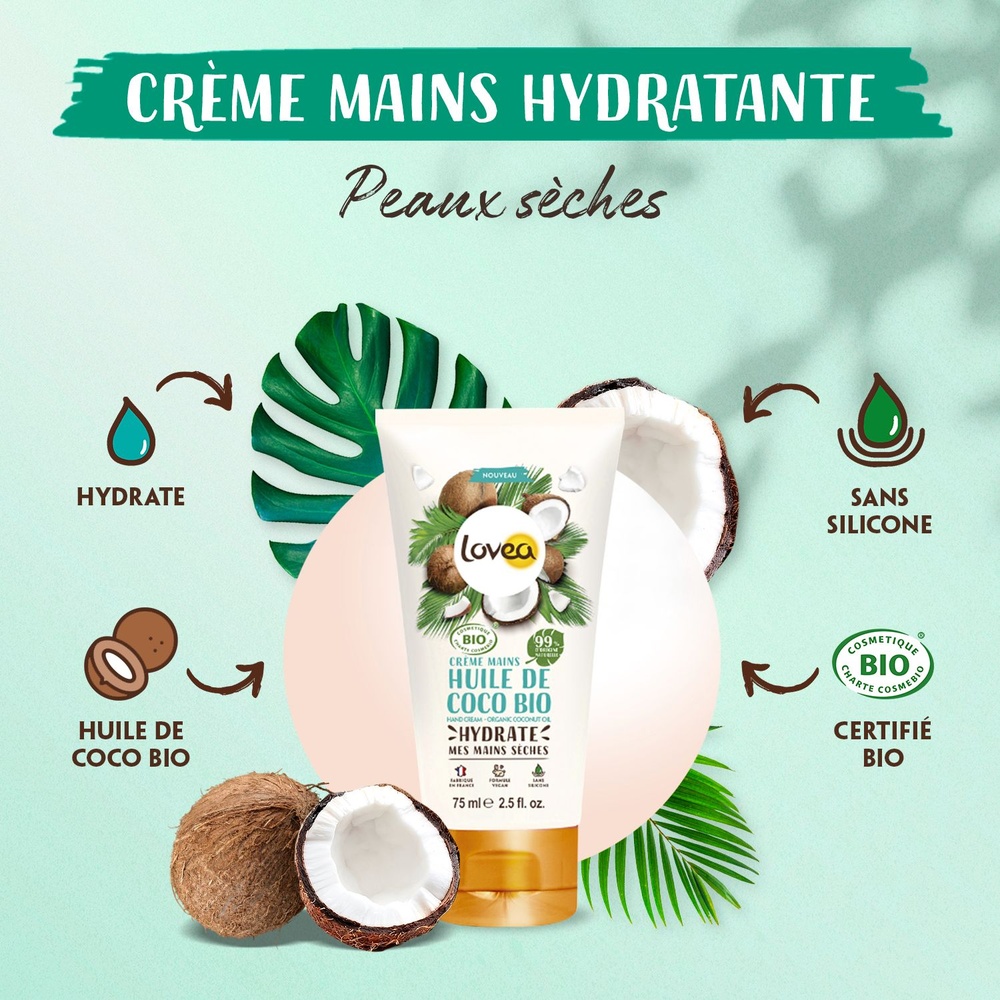 lovea Crème Mains Huile de Coco Bio Certifié BIO Crème Mains - Peaux Sèches