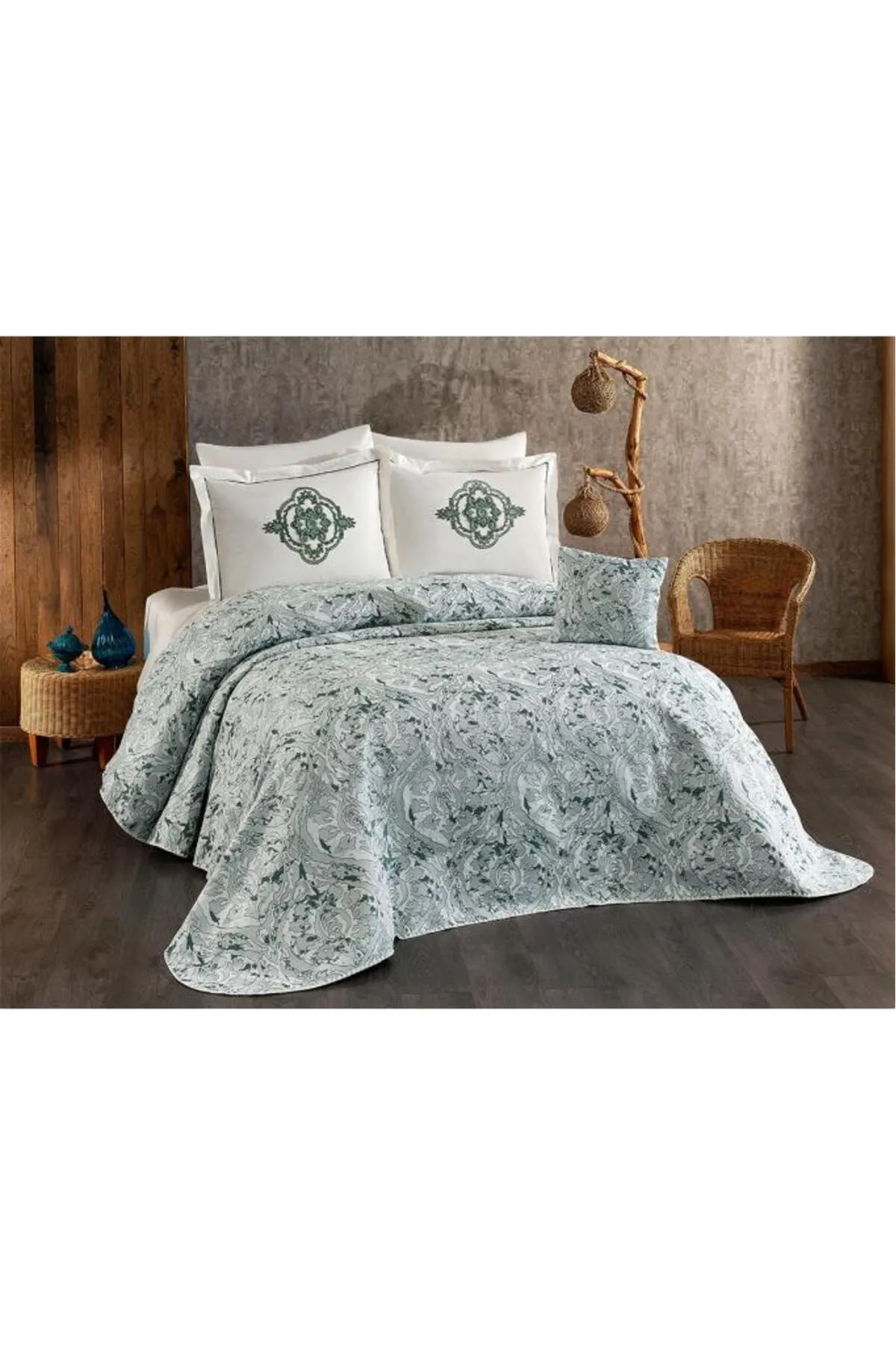 Çeyiz Diyarı  Elite 7-teiliges Chenille-Pique-Set, Creme – Grün