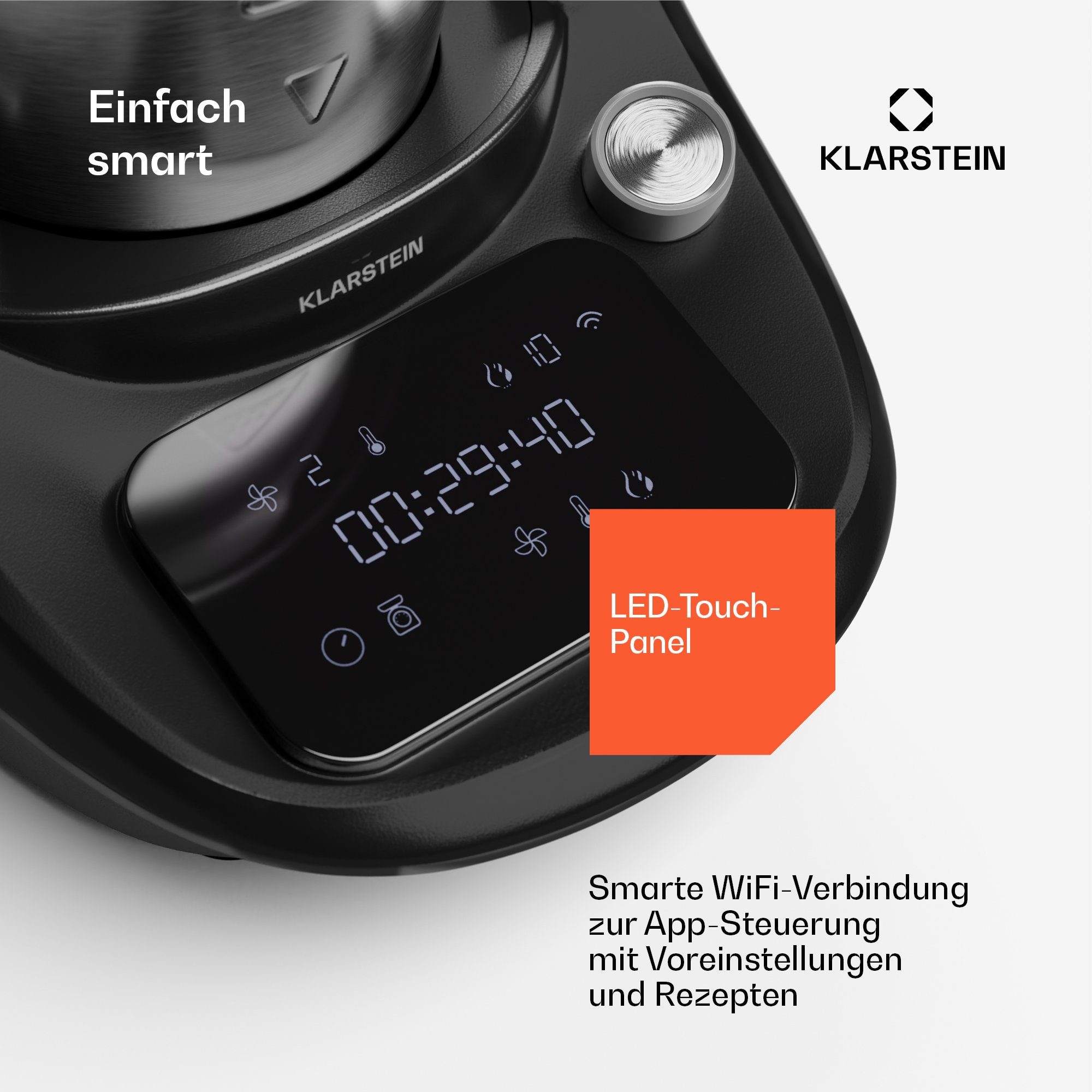 Klarstein Küchenmaschine mit Kochfunktion Aria Smart, 1700 W, 3.3 l Schüssel, Dämpfaufsatz Waage 3,3 L Edelstahl Touch App