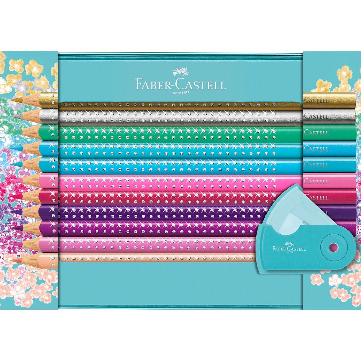 Geschenkset Dreikant-Buntstifte Sparkle, 21 Farben in Metalletui, inkl. Anspitzer