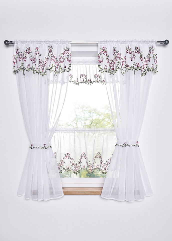 Küchengardinen-Set mit Blumenstickerei (6er Pack)