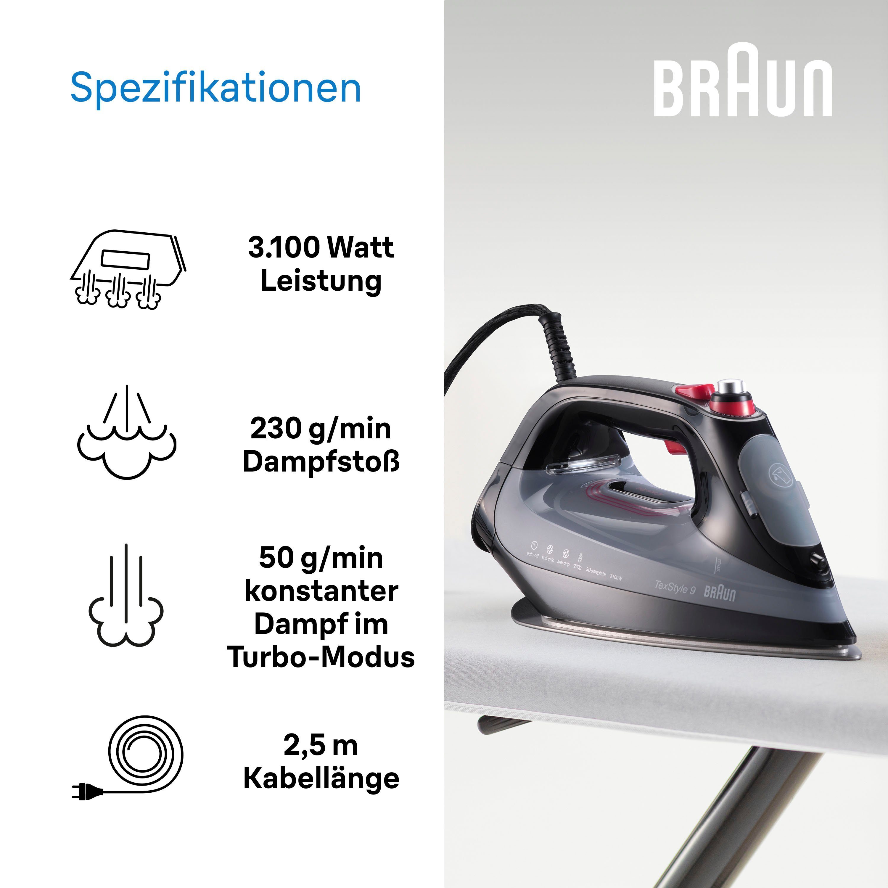 Braun Dampfbügeleisen TexStyle 9 SI 9281 BK, 3100 W