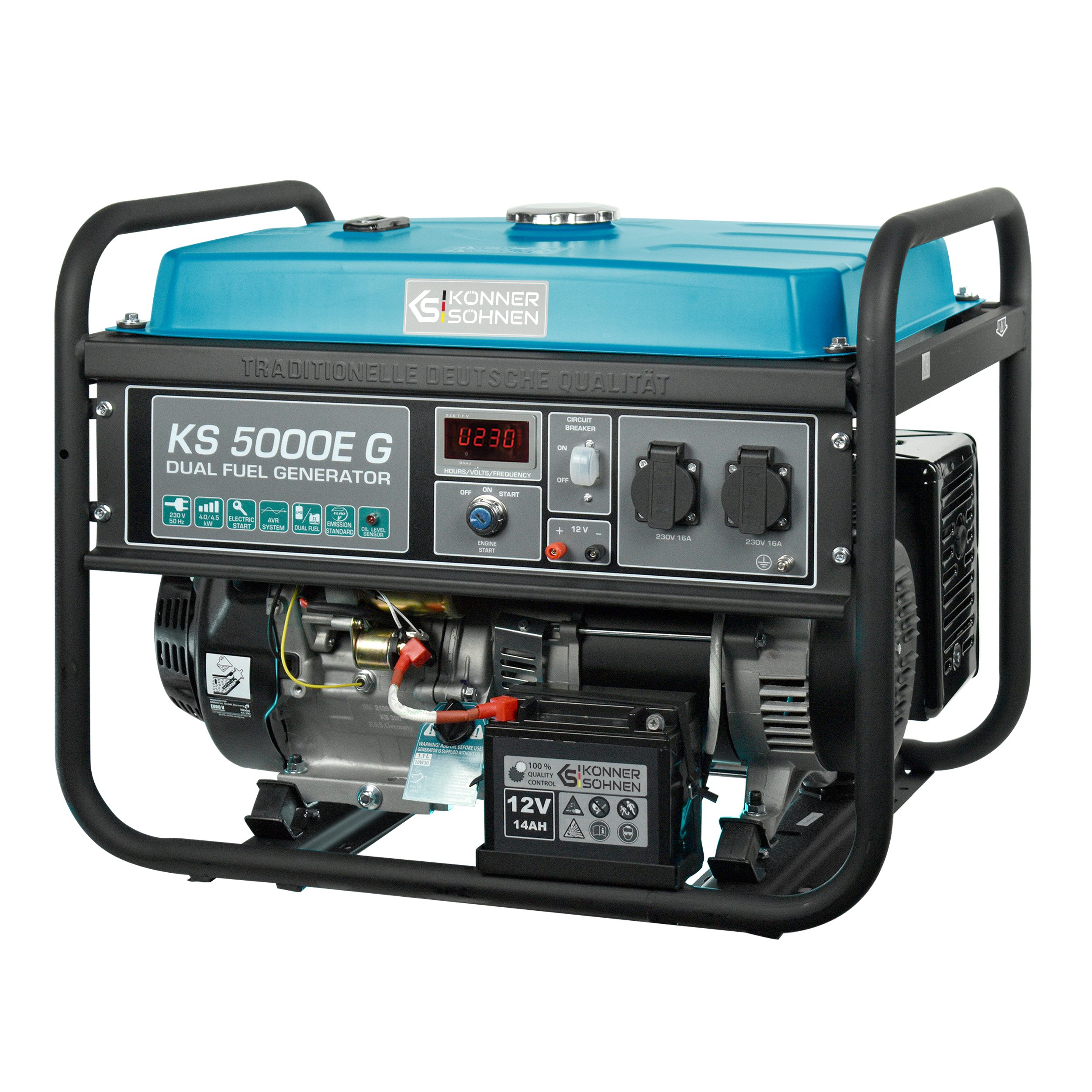 Könner & Söhnen Stromerzeuger KS 5000E G, 4,50 in kW, (1-tlg), Hand-/Elektroanlass, 2x16A, 12 V, automatischer Spannungsregler (AVR)