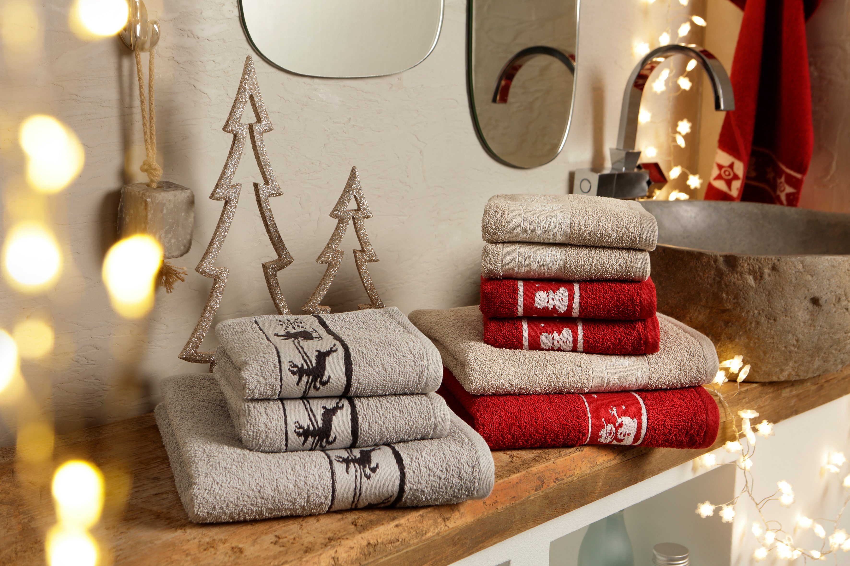 my home Handtuch Set Weihnachten, Walkfrottee, (Set, 3-tlg), mit Sternen & Bordüre, weihnachtliches Handtuchset, 100% Baumwolle