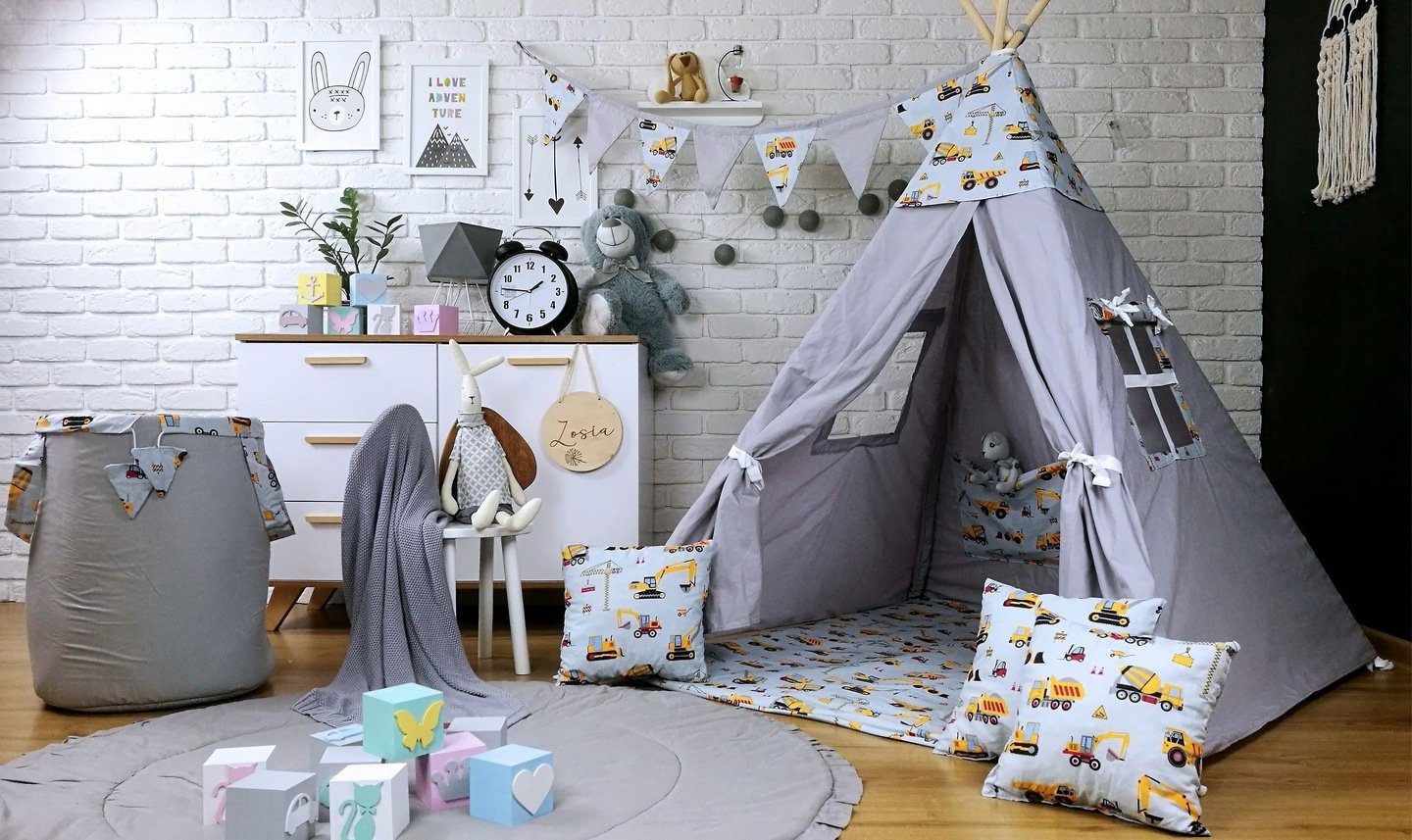 Pamek Tipi-Zelt Kinder Spielzelt Teepee Tipizelt Spielset für Kinder Baustelle Bagger, Personen: 2 (6 tlg., Komplettset ohne Decko)