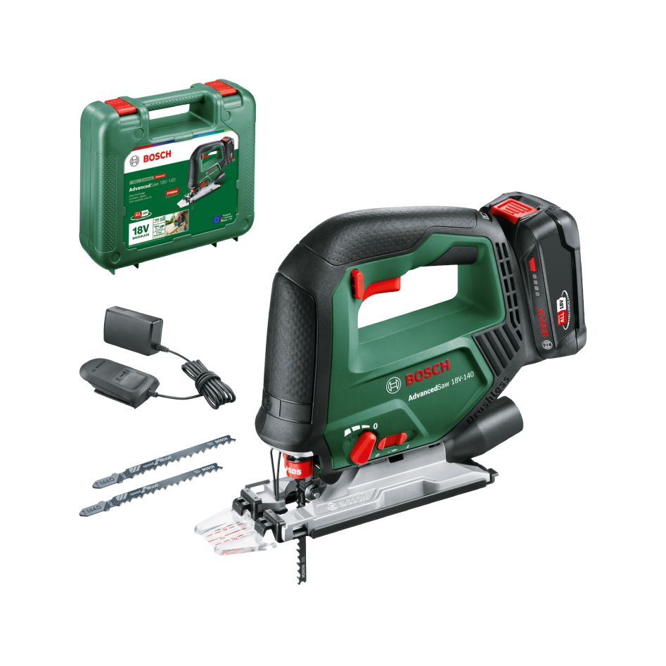 Bosch Green 0603013003 AdvancedSaw 18V-140 Akku-Stichsäge mit 1x 2,0 Ah Akku und Ladegerät AL 18V-20