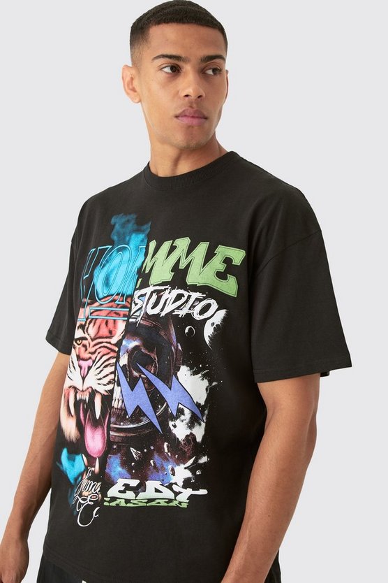 Oversized Spliced Tiger Space Graphic T-shirt